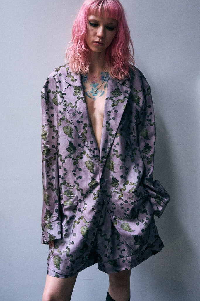 Elongated Ragged Blazer With Piping - Purple Floral