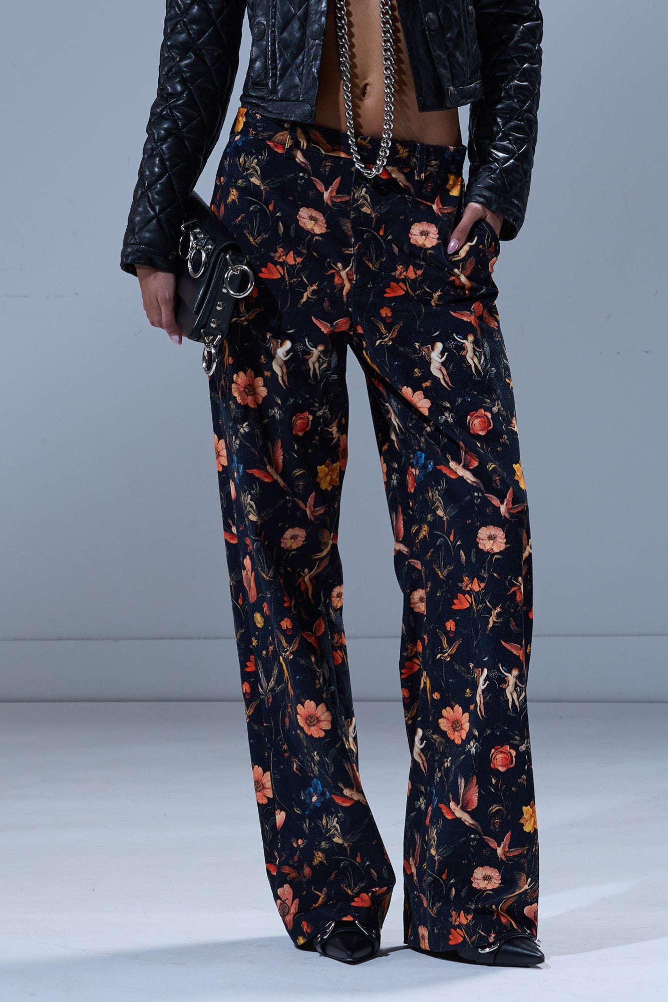 FLAT FRONT WIDE LEG TROUSER - FLORAL WITH ANGELS BLACK - R13