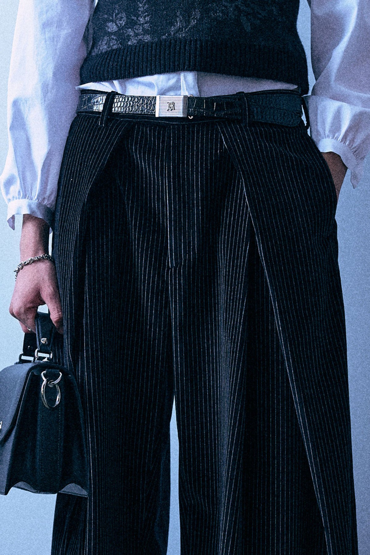 Foldover Trouser With Waist Extension - Black And White Stripe - R13