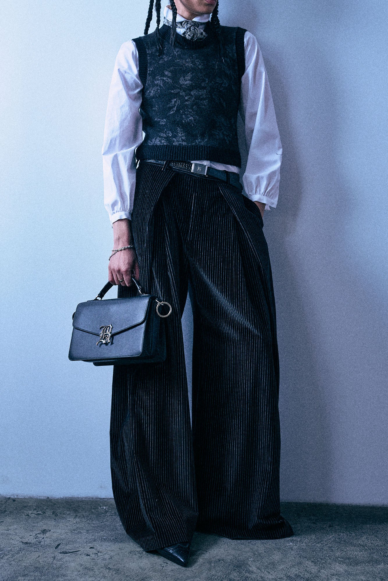 Foldover Trouser With Waist Extension - Black And White Stripe