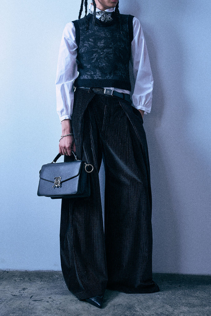 Foldover Trouser With Waist Extension - Black And White Stripe