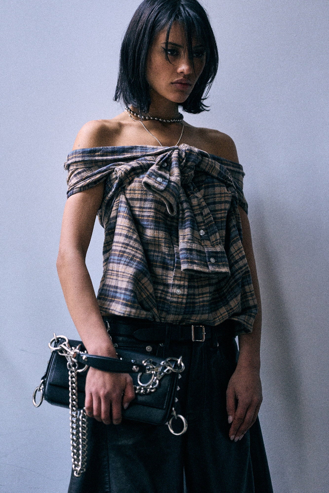 Front Tie Shirt - Light Blue Yellow Plaid