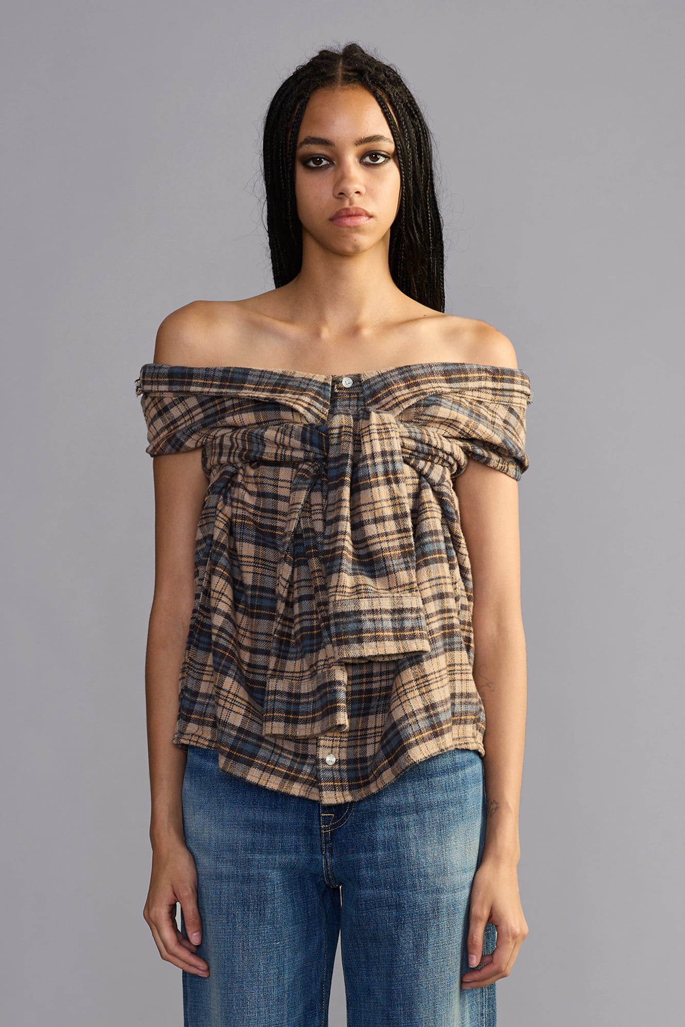 Front Tie Shirt - Light Blue Yellow Plaid - R13