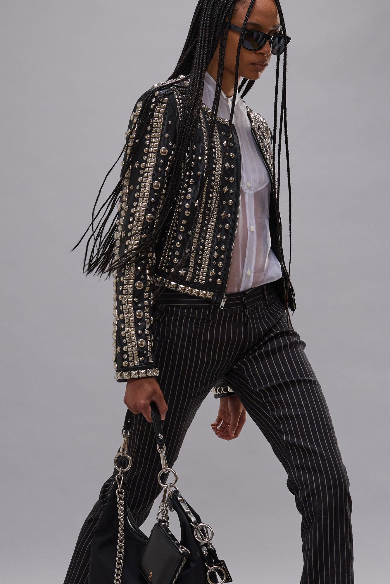 FRONT ZIP CREWNECK LEATHER JACKET - BLACK STRIPS WITH STUDS - R13