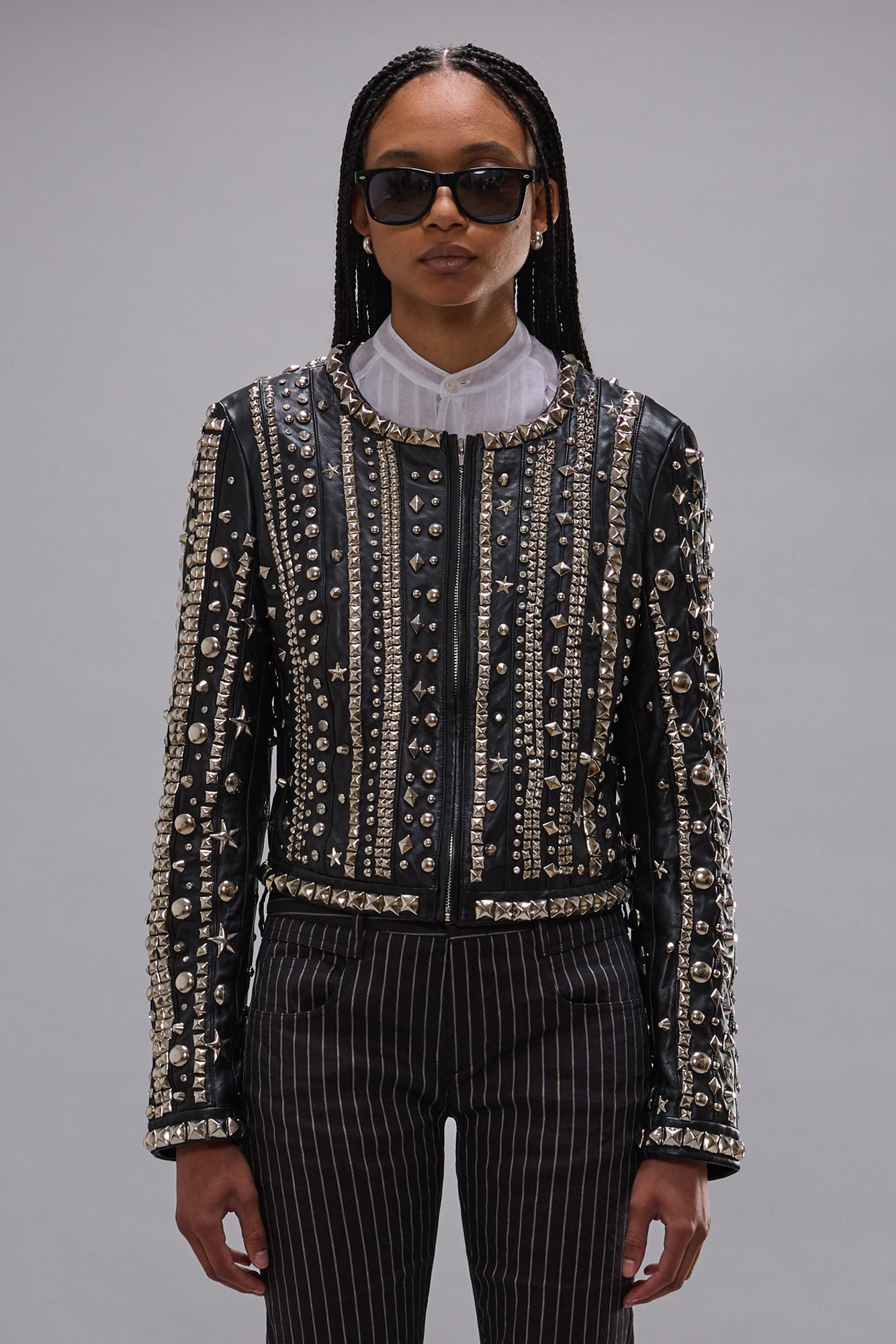 FRONT ZIP CREWNECK LEATHER JACKET - BLACK STRIPS WITH STUDS - R13