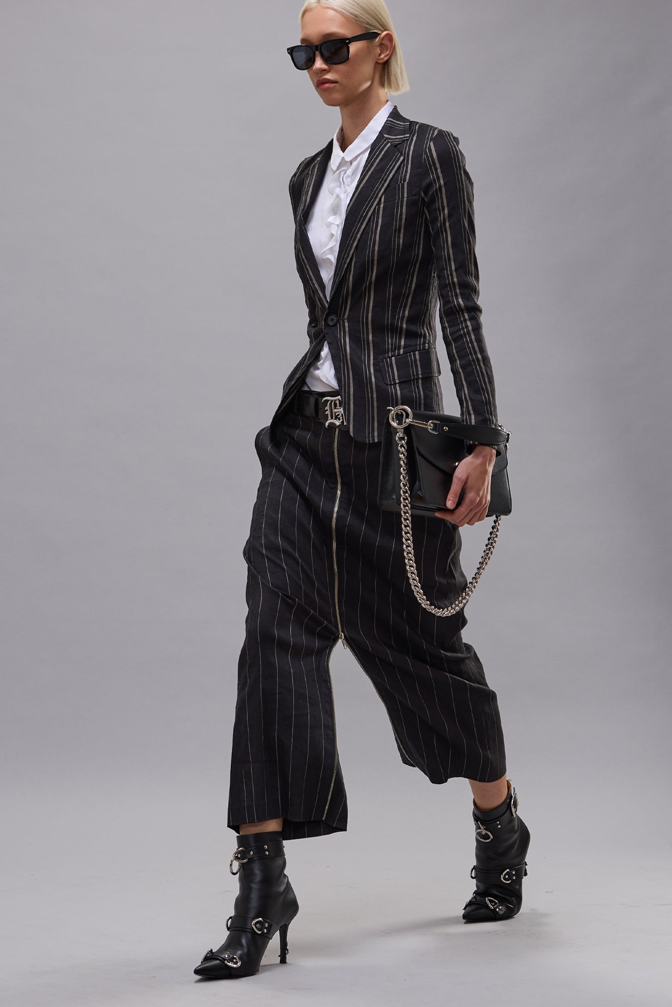 FRONT ZIP TROUSER - BLACK SILVER WIDE PINSTRIPE - R13
