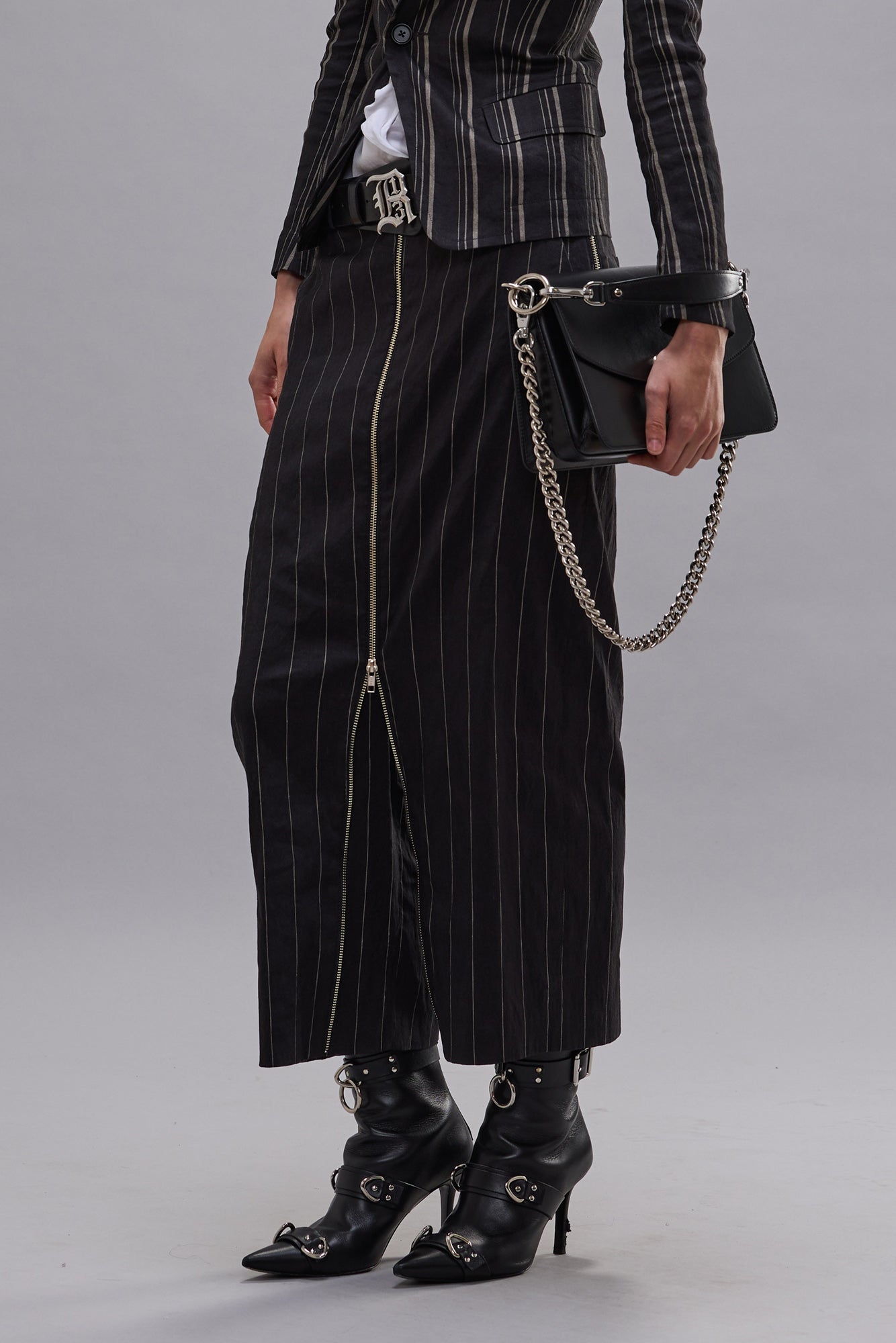 FRONT ZIP TROUSER - BLACK SILVER WIDE PINSTRIPE
