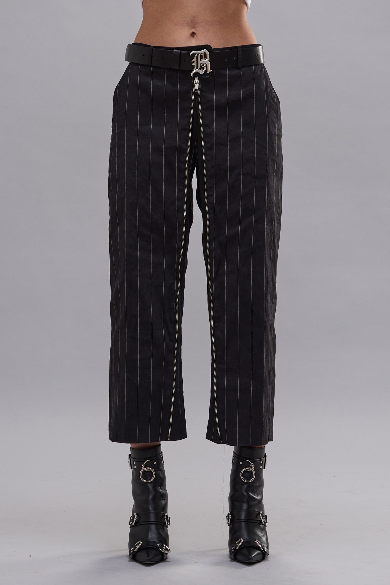FRONT ZIP TROUSER - BLACK SILVER WIDE PINSTRIPE - R13