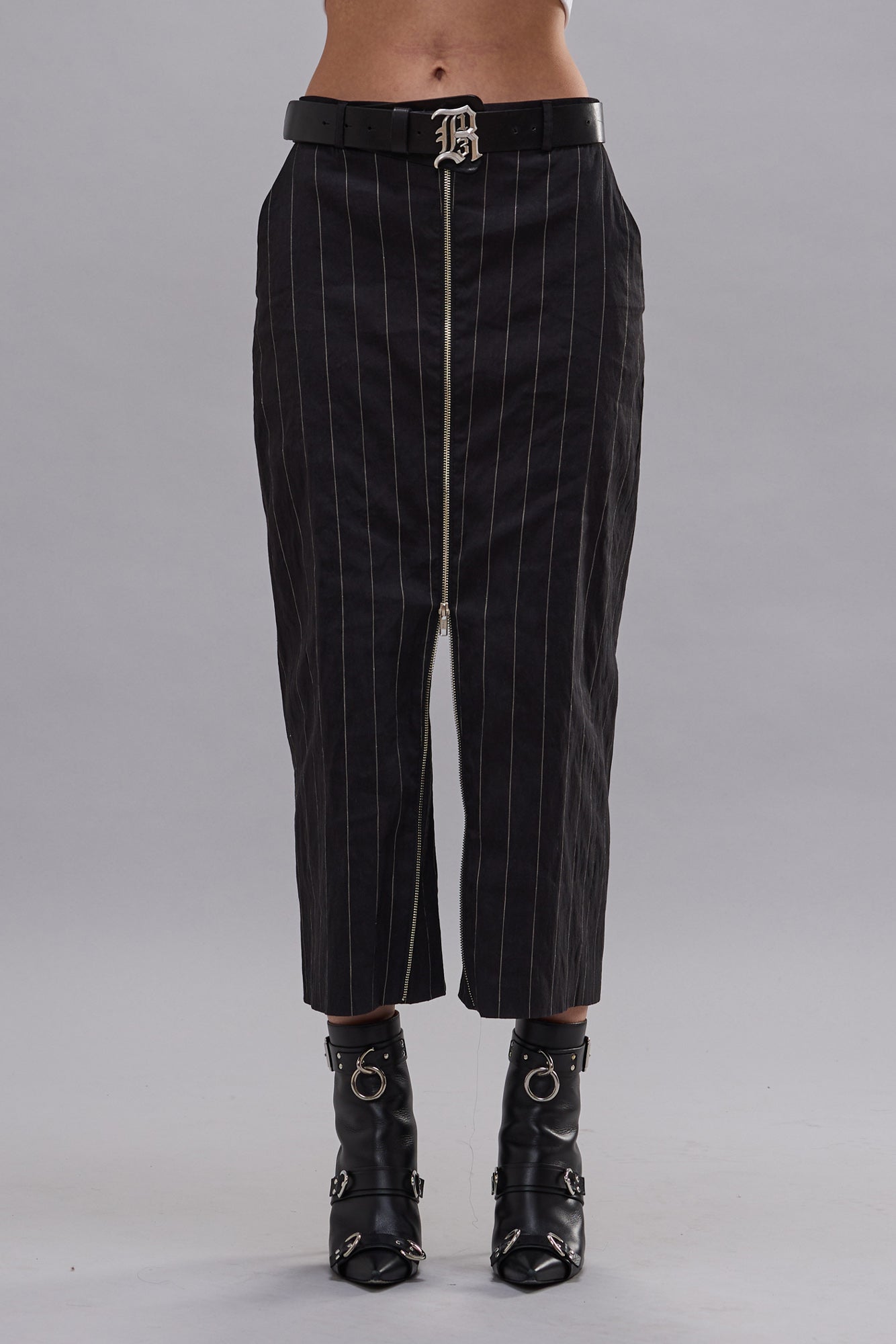 FRONT ZIP TROUSER - BLACK SILVER WIDE PINSTRIPE - R13
