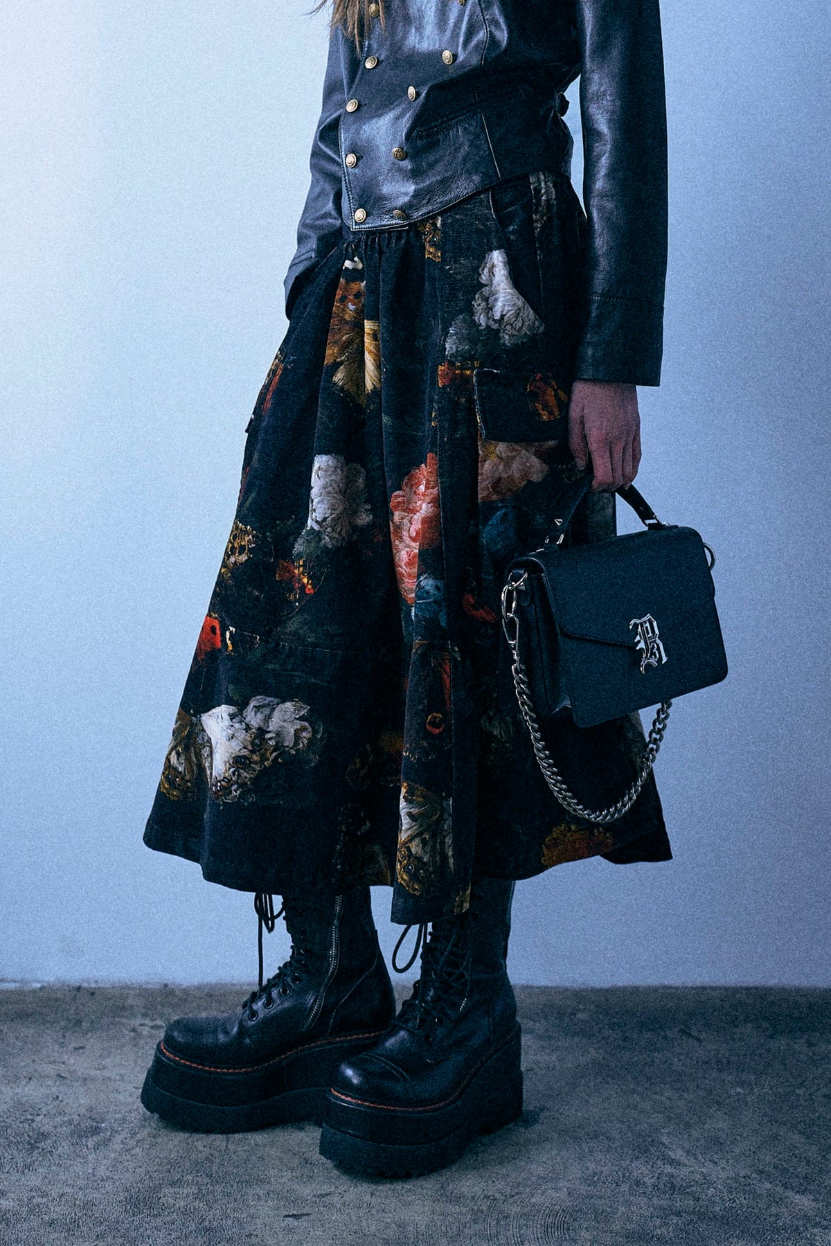 Gathered Cargo Skirt - Floral Butterfly On Black - R13