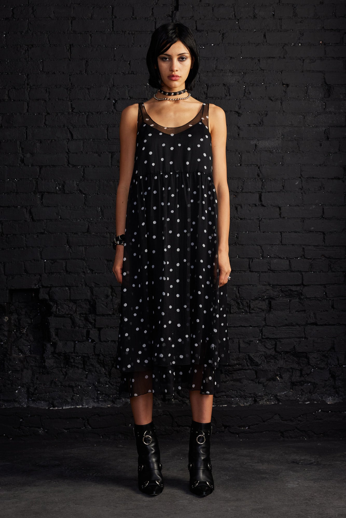 Gathered Tank Dress - Black With White Scattered Dot - R13