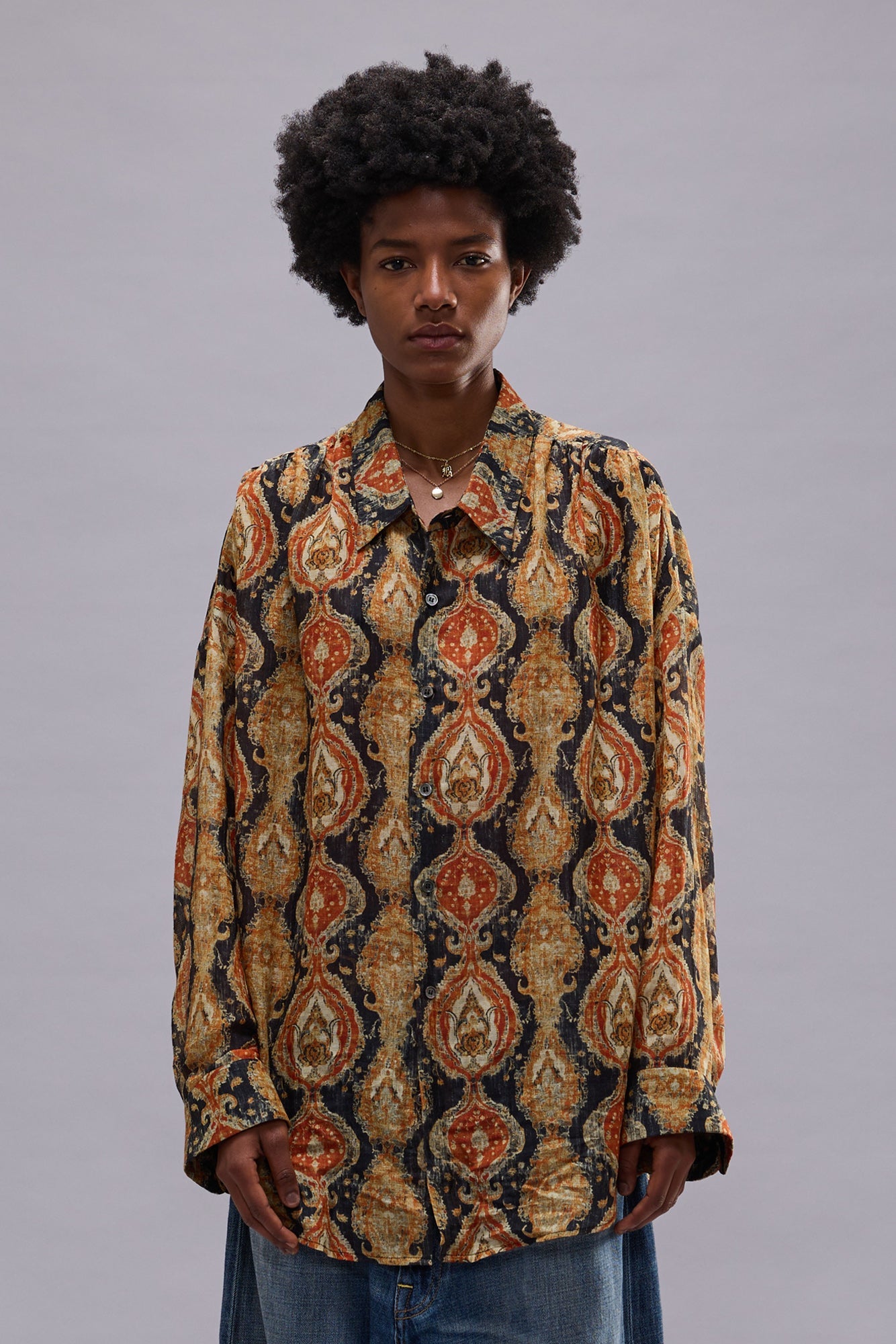 GATHERED YOKE DROP NECK SHIRT - ORANGE DARK NAVY MULTICOLOR GATHERED YOKE DROP NECK SHIRT - ORANGE DARK NAVY MULTICOLOR