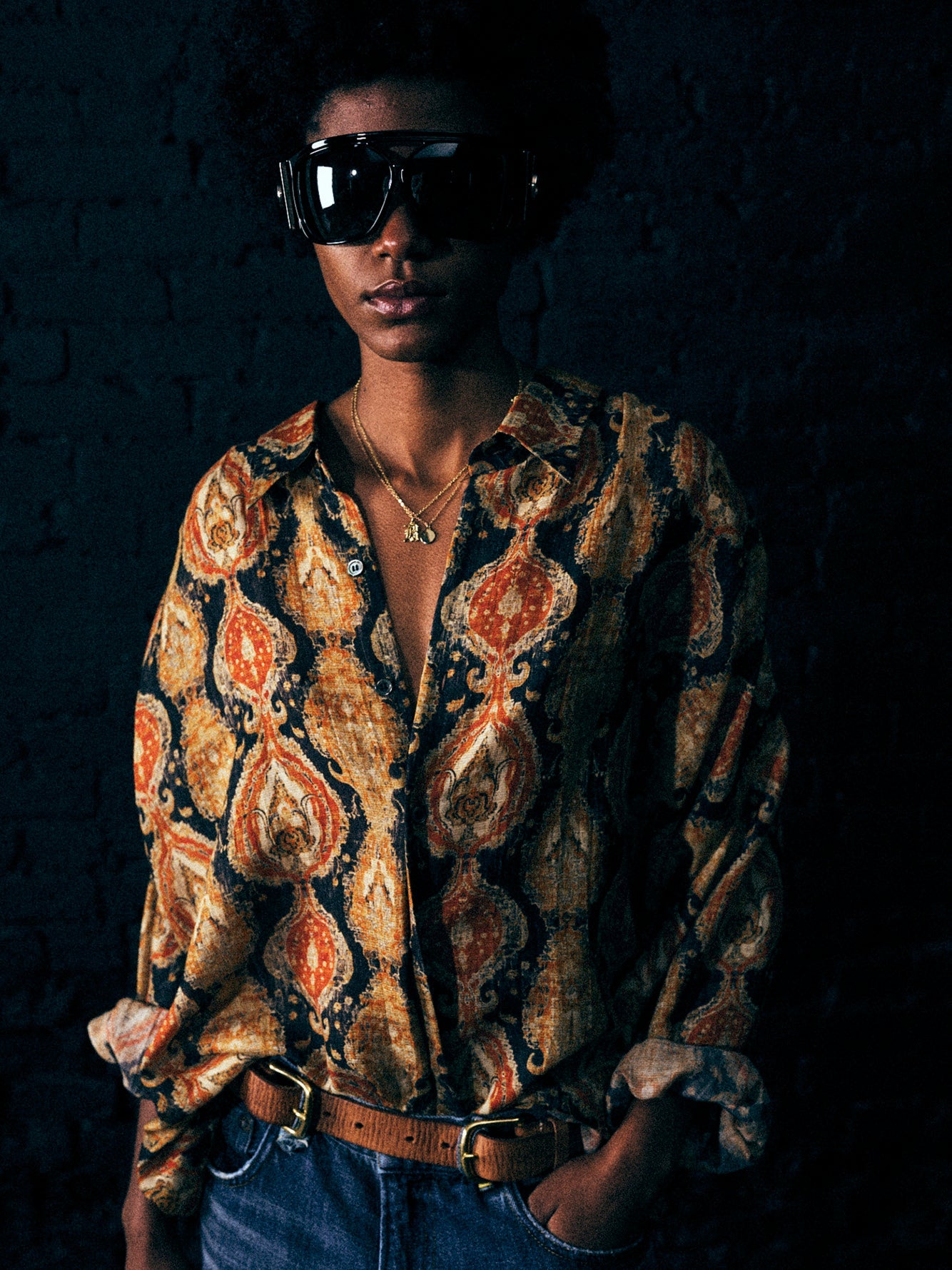 GATHERED YOKE DROP NECK SHIRT - ORANGE DARK NAVY MULTICOLOR - R13