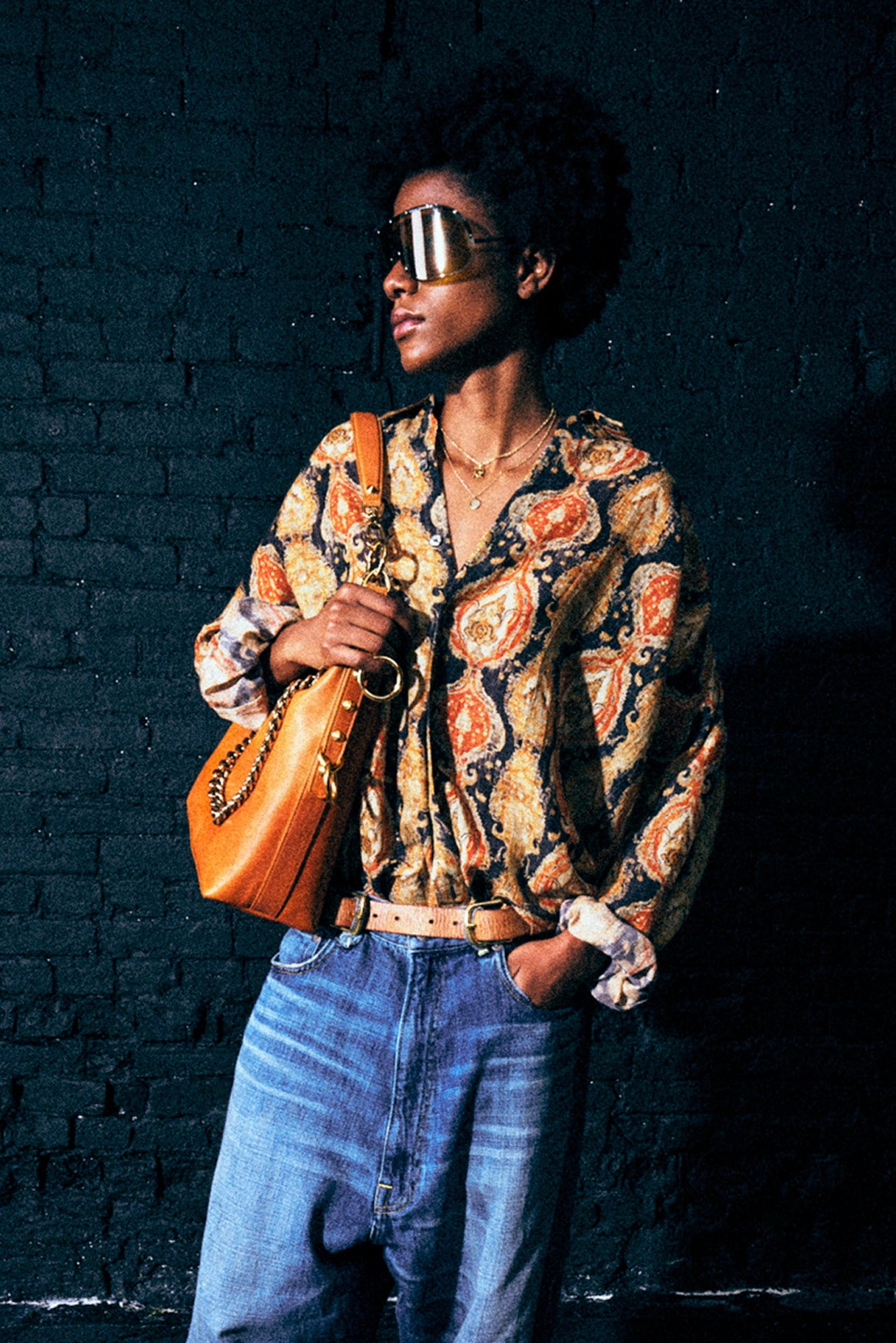 GATHERED YOKE DROP NECK SHIRT - ORANGE DARK NAVY MULTICOLOR