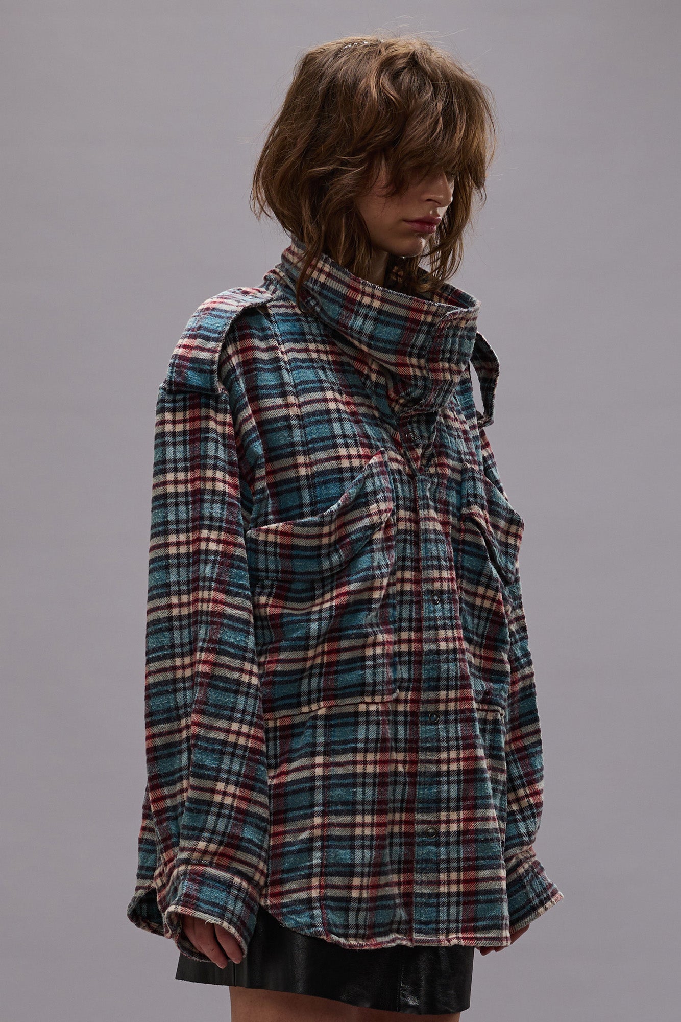 High Neck Shirt - Blue Plaid - R13