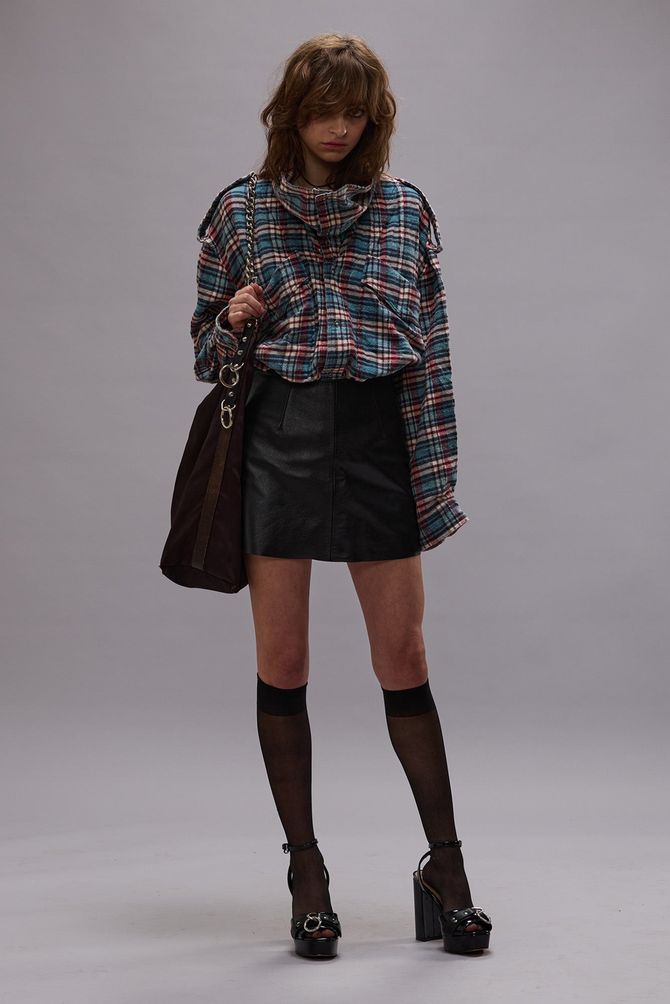 High Neck Shirt - Blue Plaid - R13