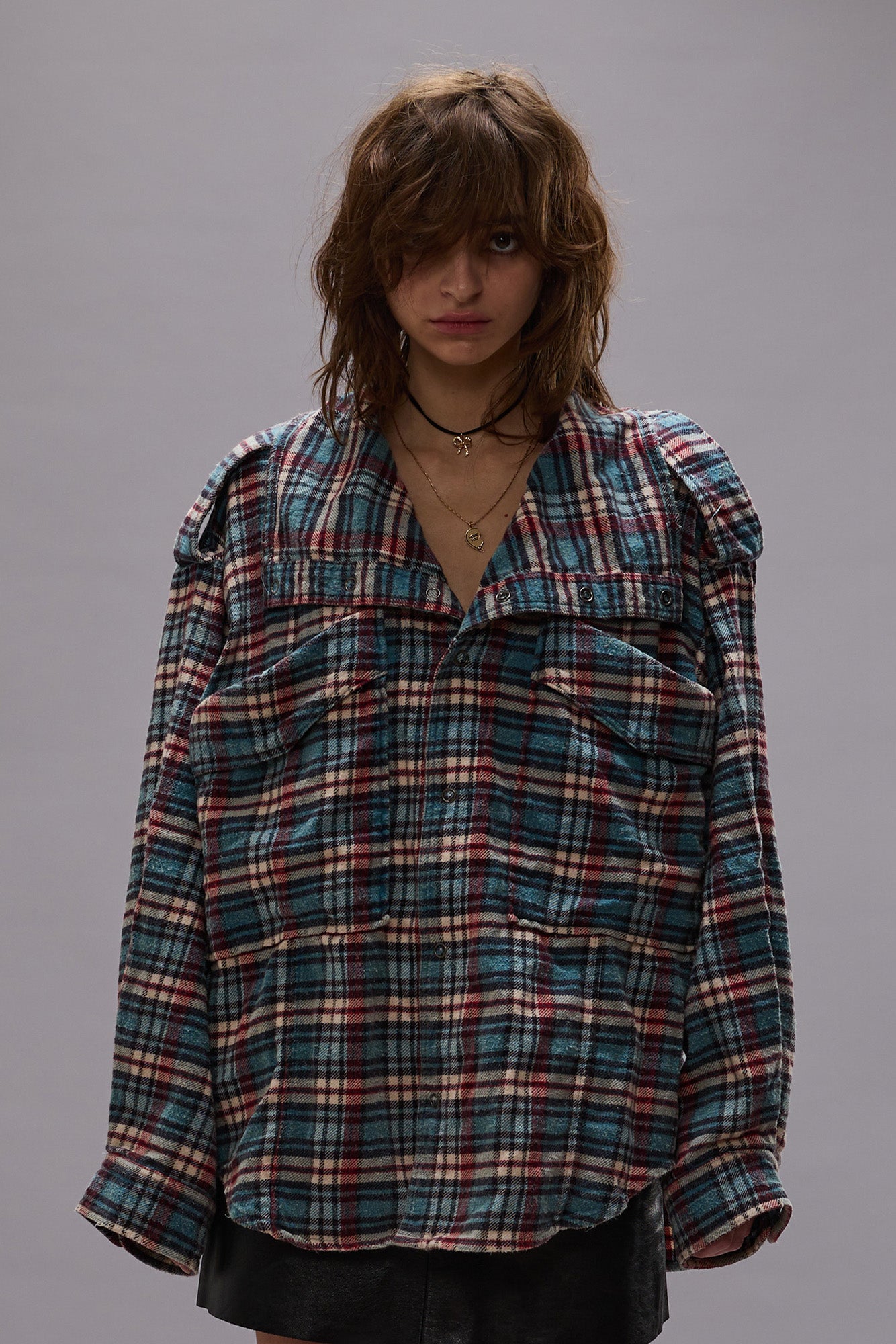High Neck Shirt - Blue Plaid - R13