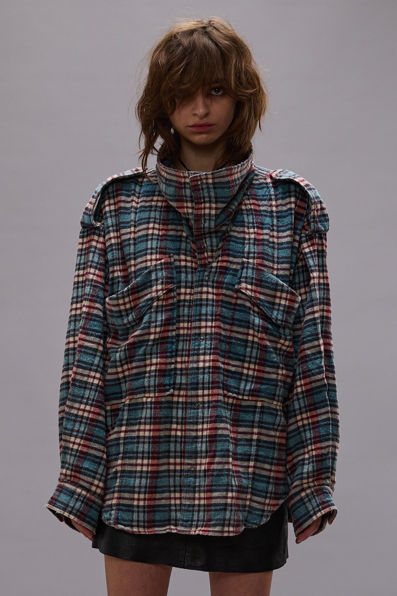 High Neck Shirt - Blue Plaid - R13