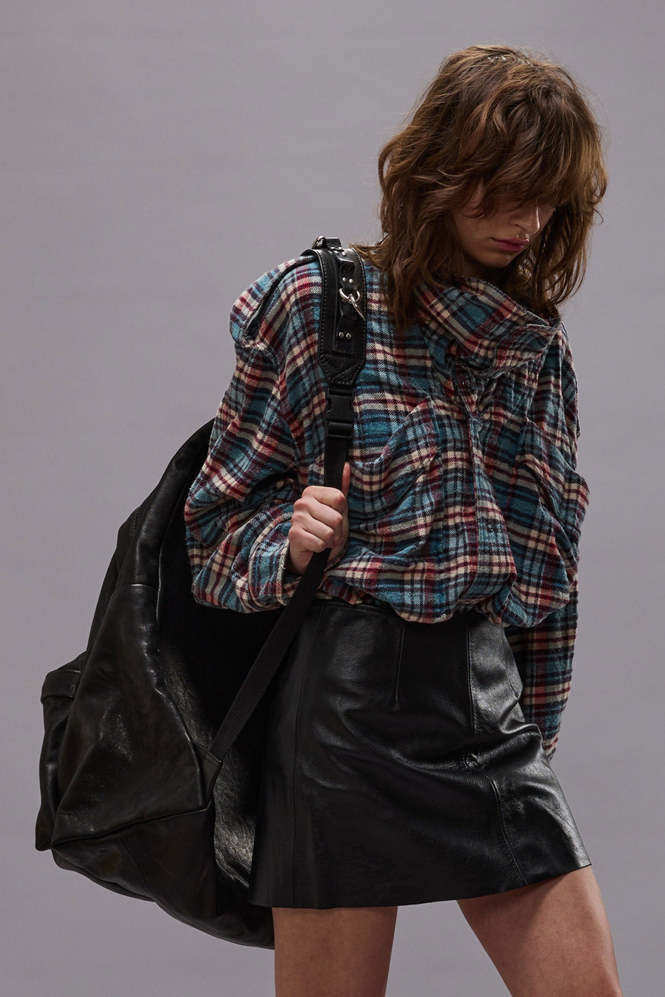 High Neck Shirt - Blue Plaid