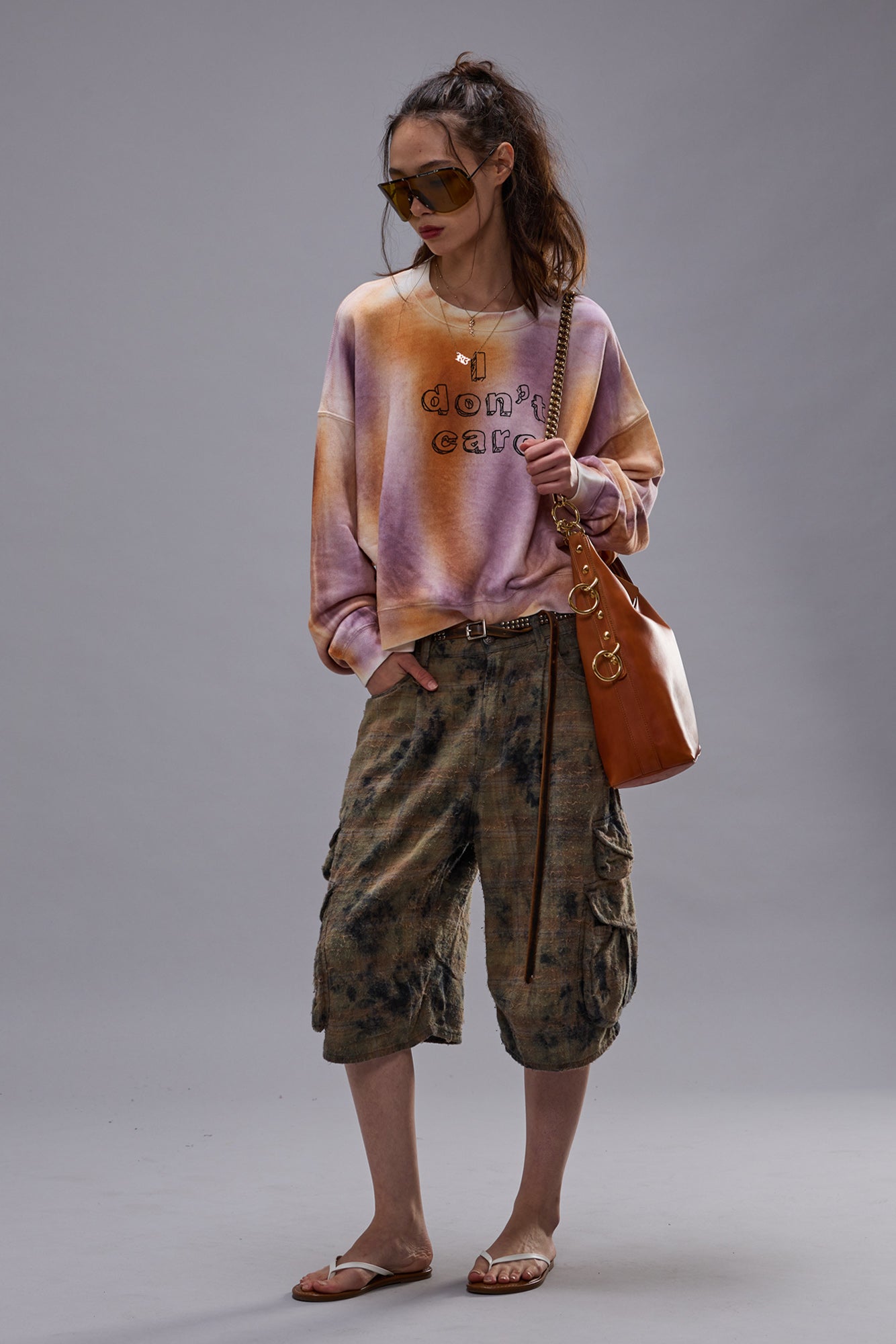 I DON'T CARE CROPPED CREWNECK - ORANGE WITH PURPLE - R13