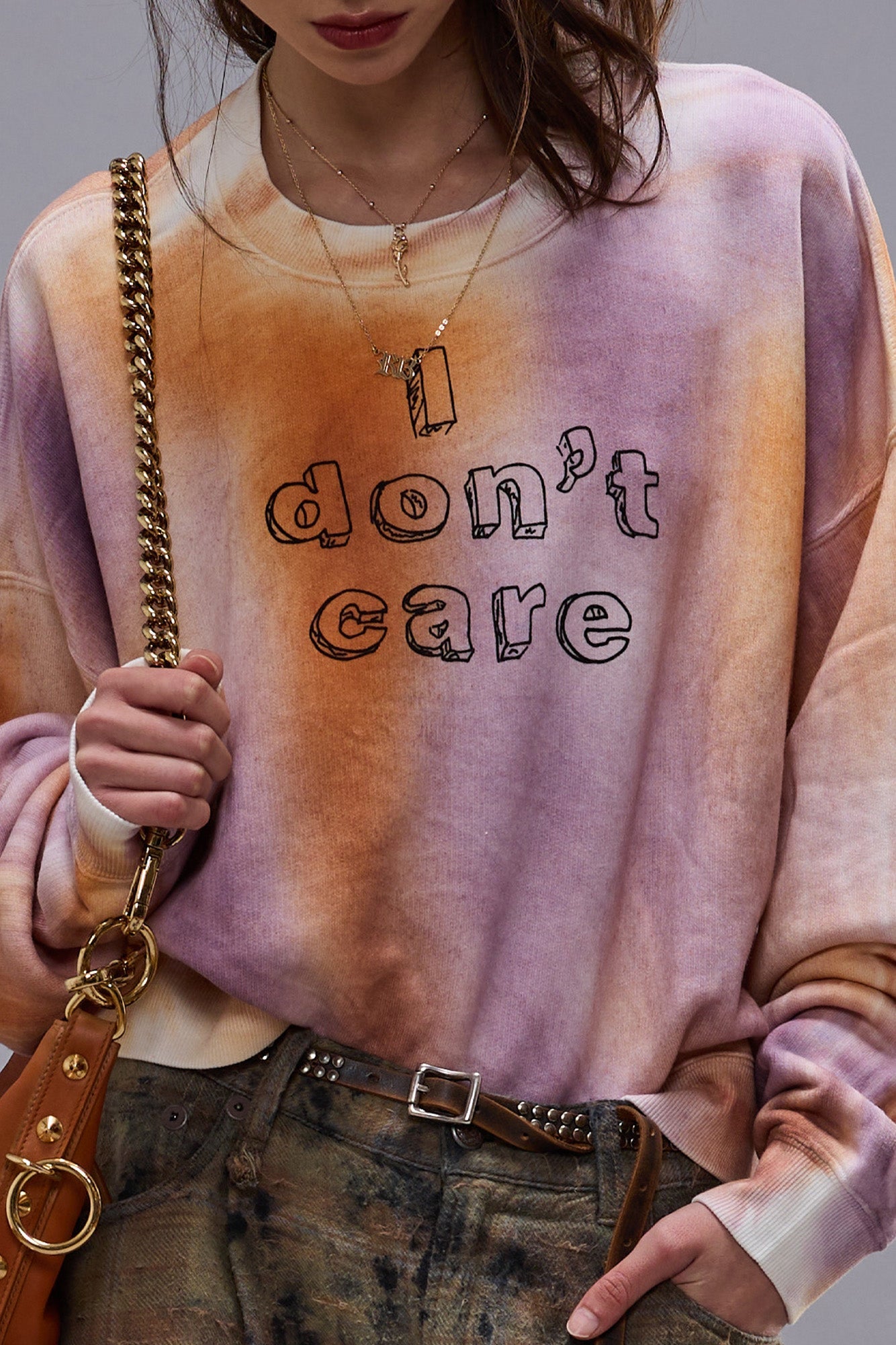 I DON'T CARE CROPPED CREWNECK - ORANGE WITH PURPLE - R13