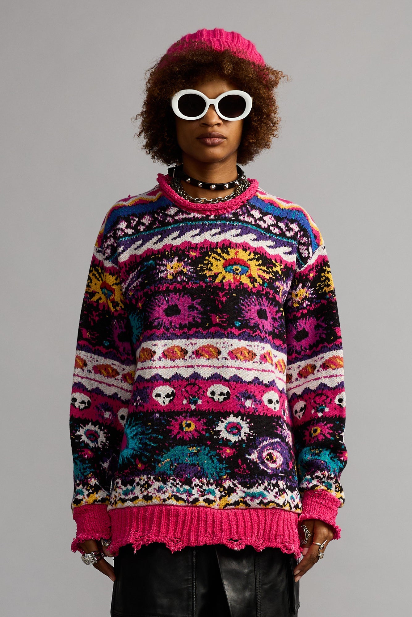 Jacquard Boyfriend Sweater - Multi Black Pink W Mini Skulls - R13