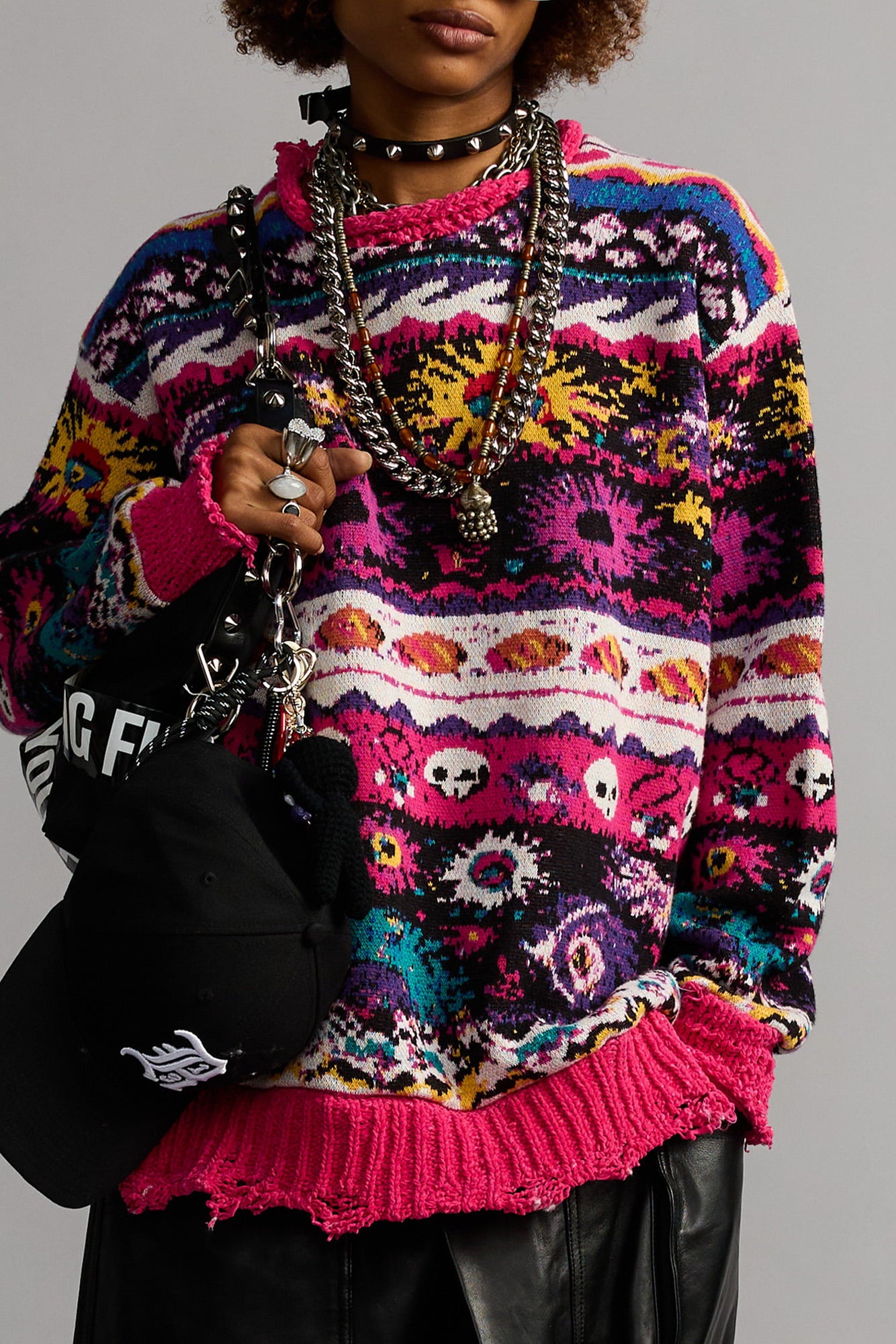 Jacquard Boyfriend Sweater - Multi Black Pink W Mini Skulls - R13