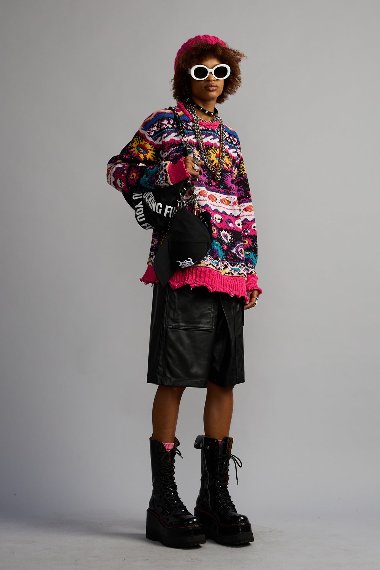 Jacquard Boyfriend Sweater - Multi Black Pink W Mini Skulls - R13