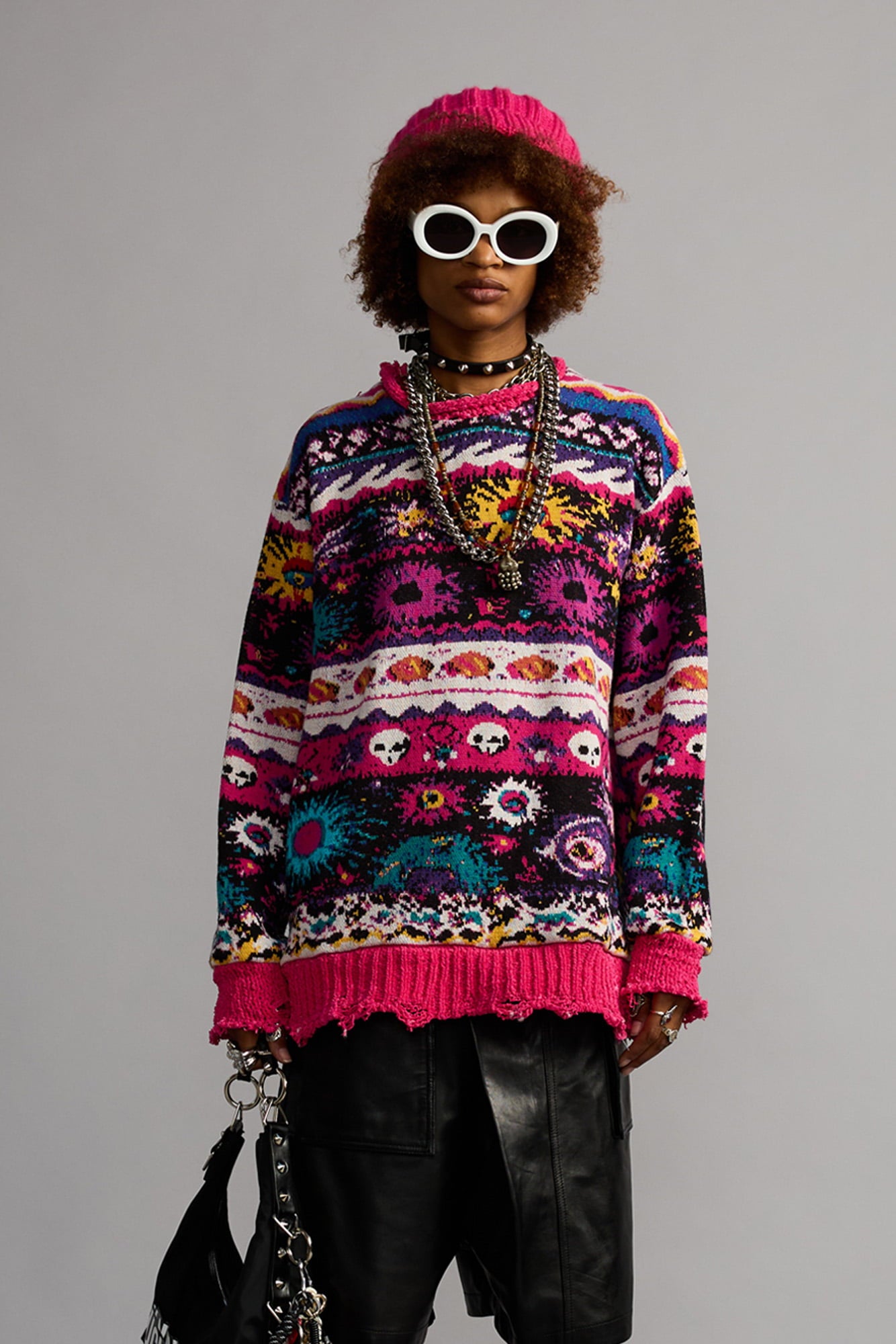 JACQUARD BOYFRIEND SWEATER - MULTI BLACK PINK W MINI SKULLS