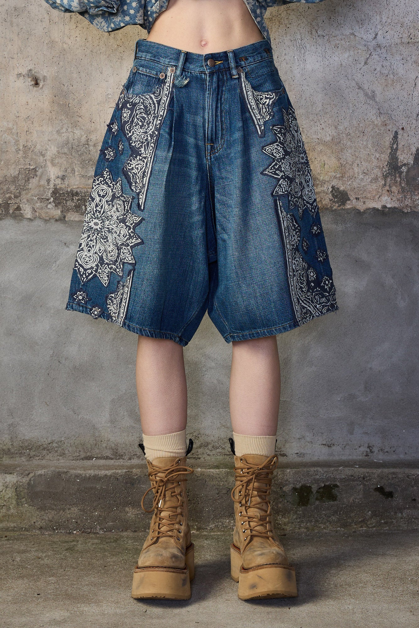 JESSE DENIM SHORT - CRUSHED BLUE BANDANA APPLIQUE - R13