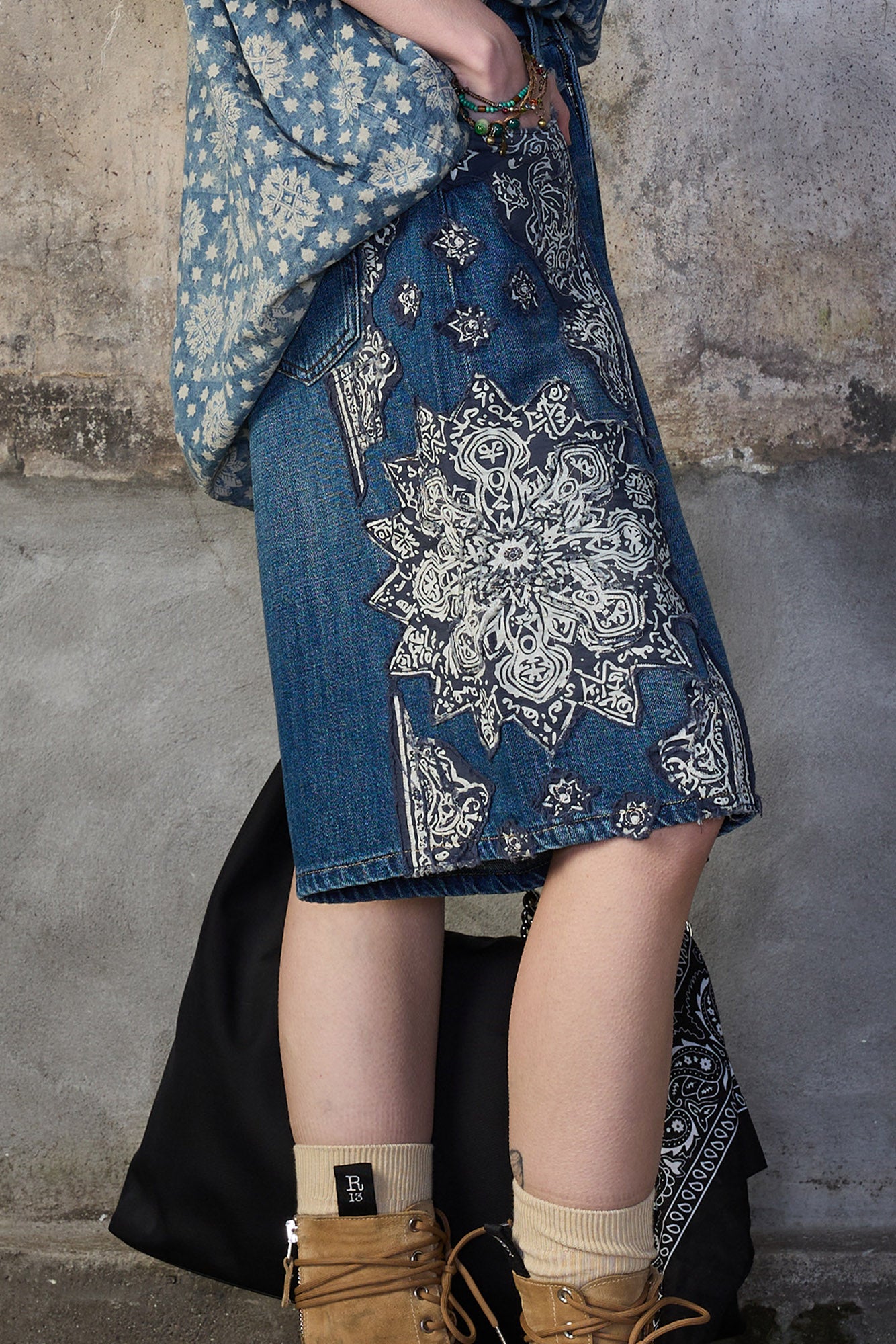 JESSE DENIM SHORT - CRUSHED BLUE BANDANA APPLIQUE - R13