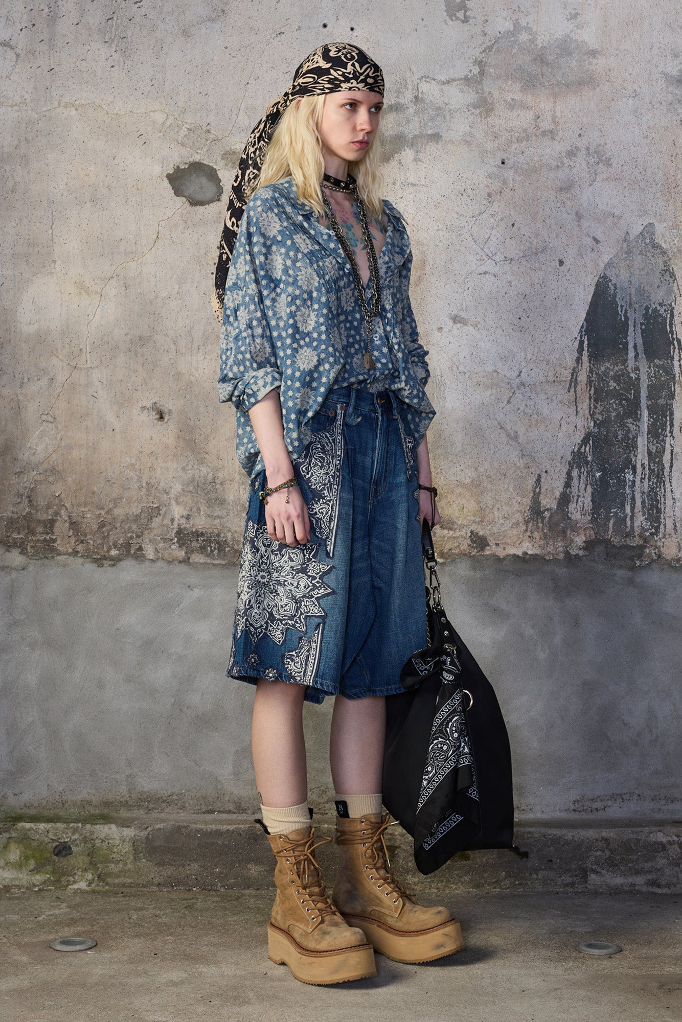 JESSE DENIM SHORT - CRUSHED BLUE BANDANA APPLIQUE