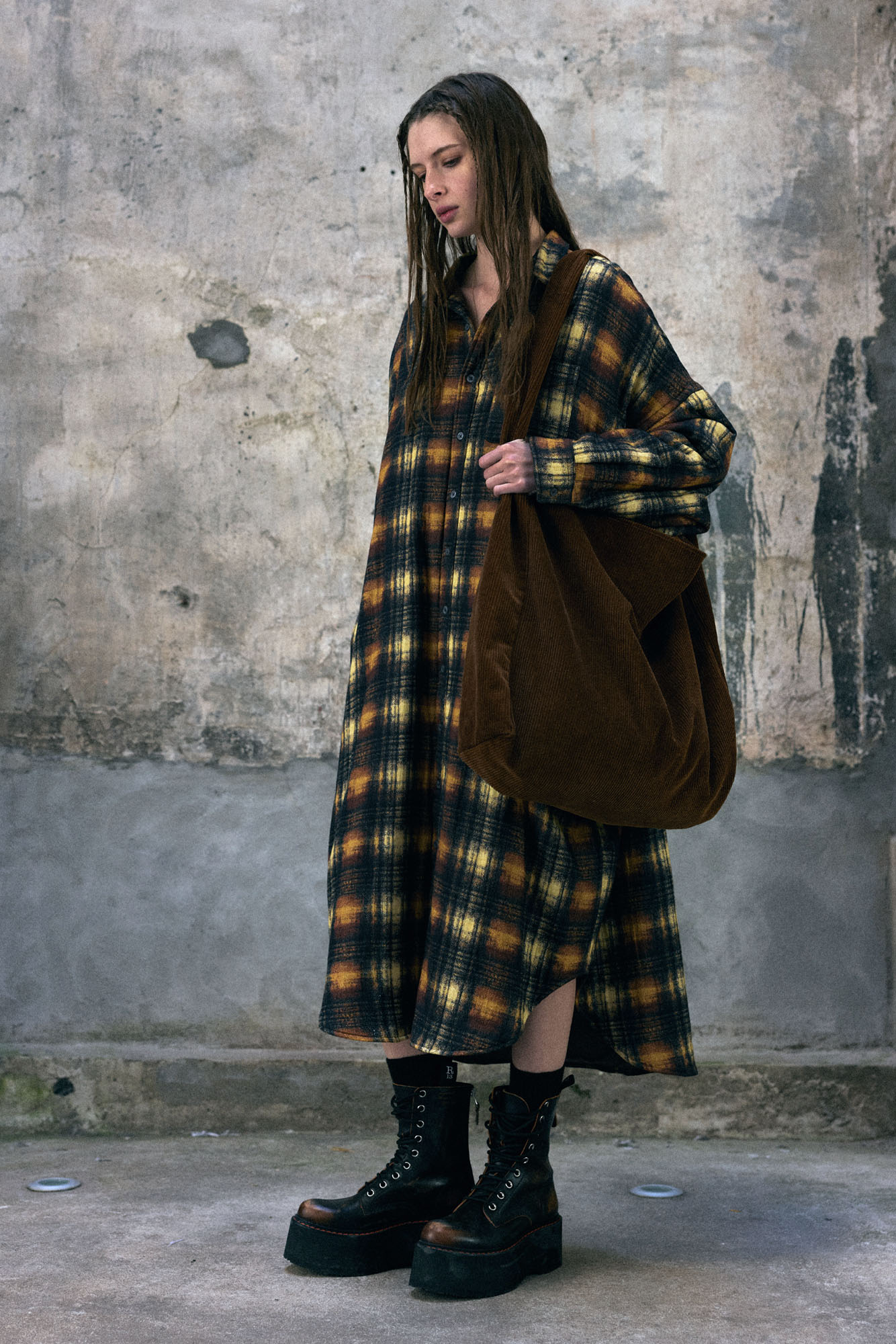 Jumbo Padded Coat - Khaki Black Cream Plaid