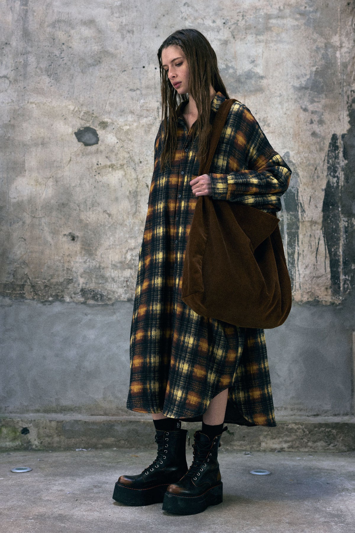 Jumbo Padded Coat - Khaki Black Cream Plaid - R13