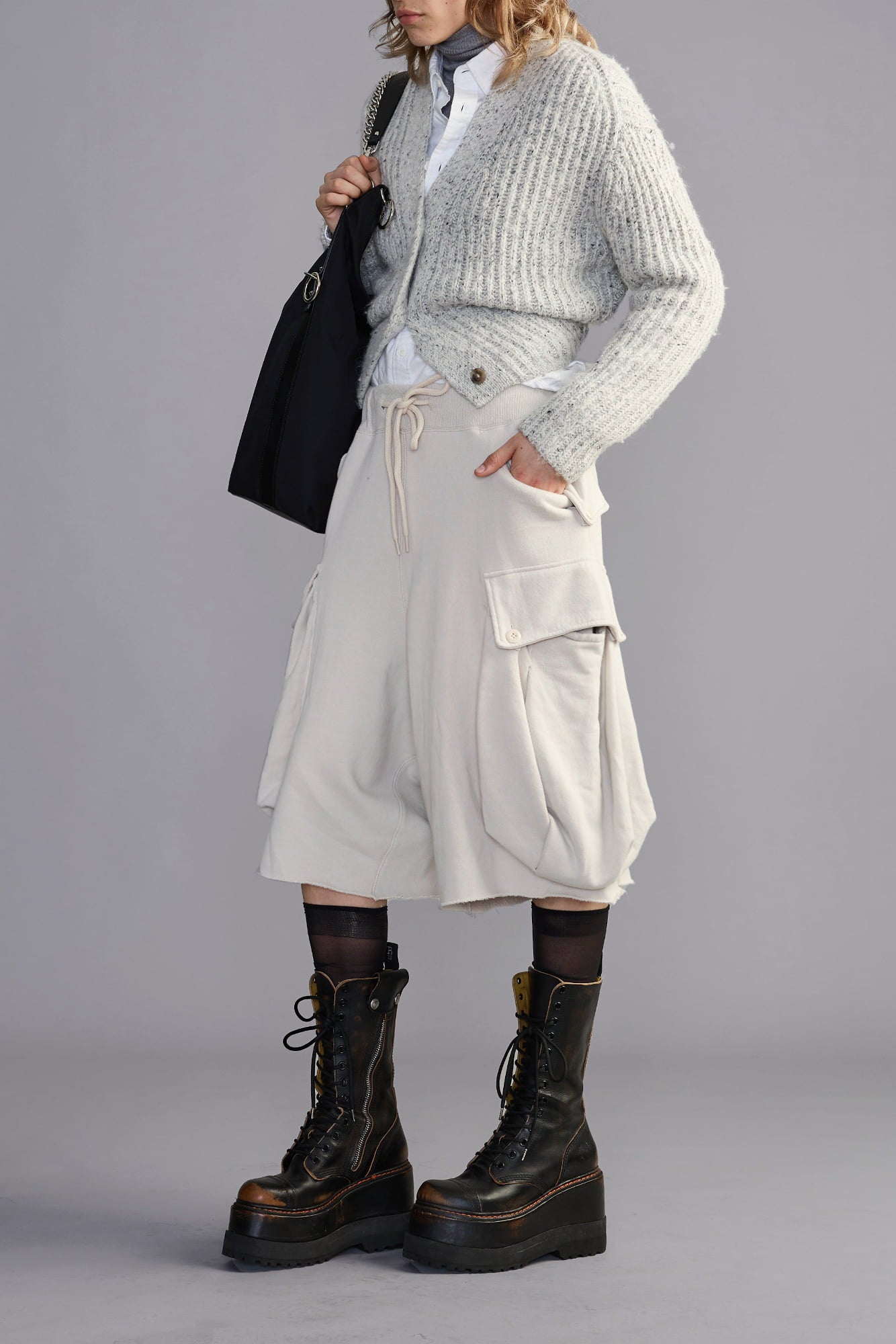 Jumbo Sweatshort With Oversized Cargo Pocket - Stone Grey - R13