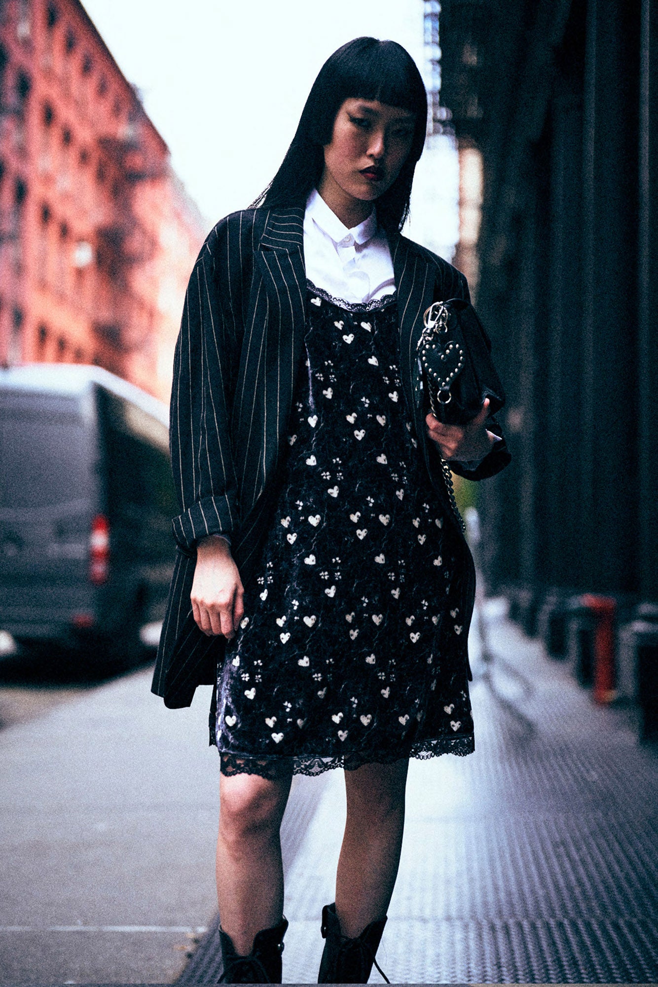 LACE TRIMMED SLIP DRESS - HEARTS ON BLACK - R13