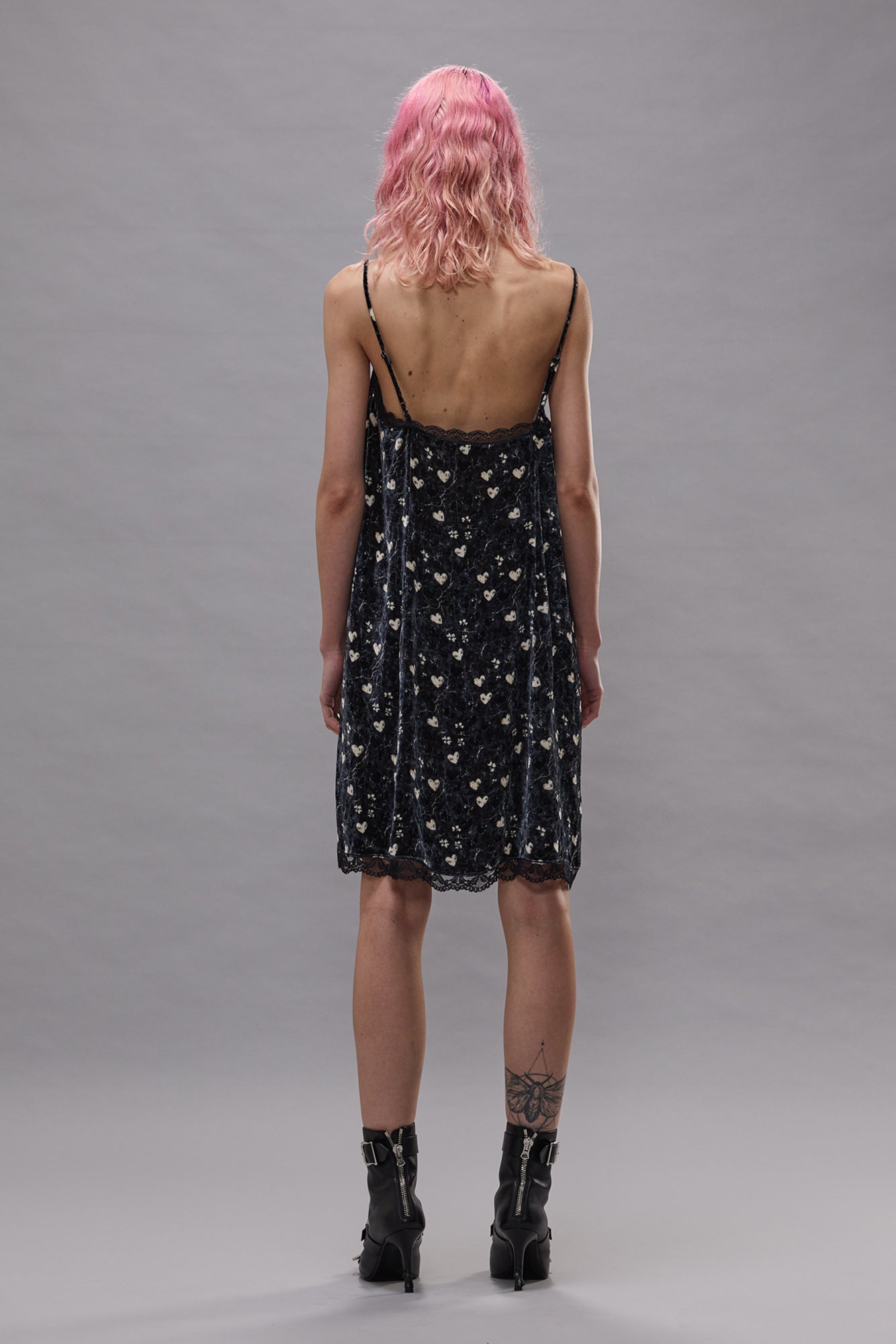 LACE TRIMMED SLIP DRESS - HEARTS ON BLACK - R13