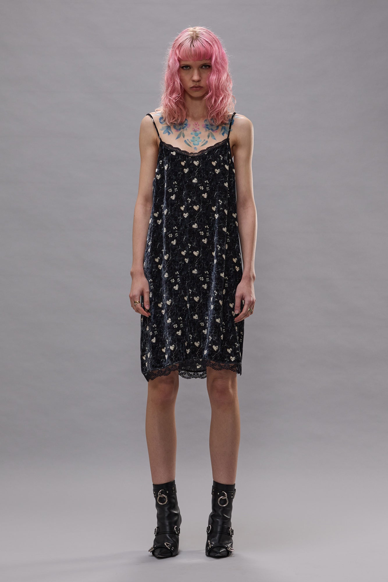 LACE TRIMMED SLIP DRESS - HEARTS ON BLACK - R13