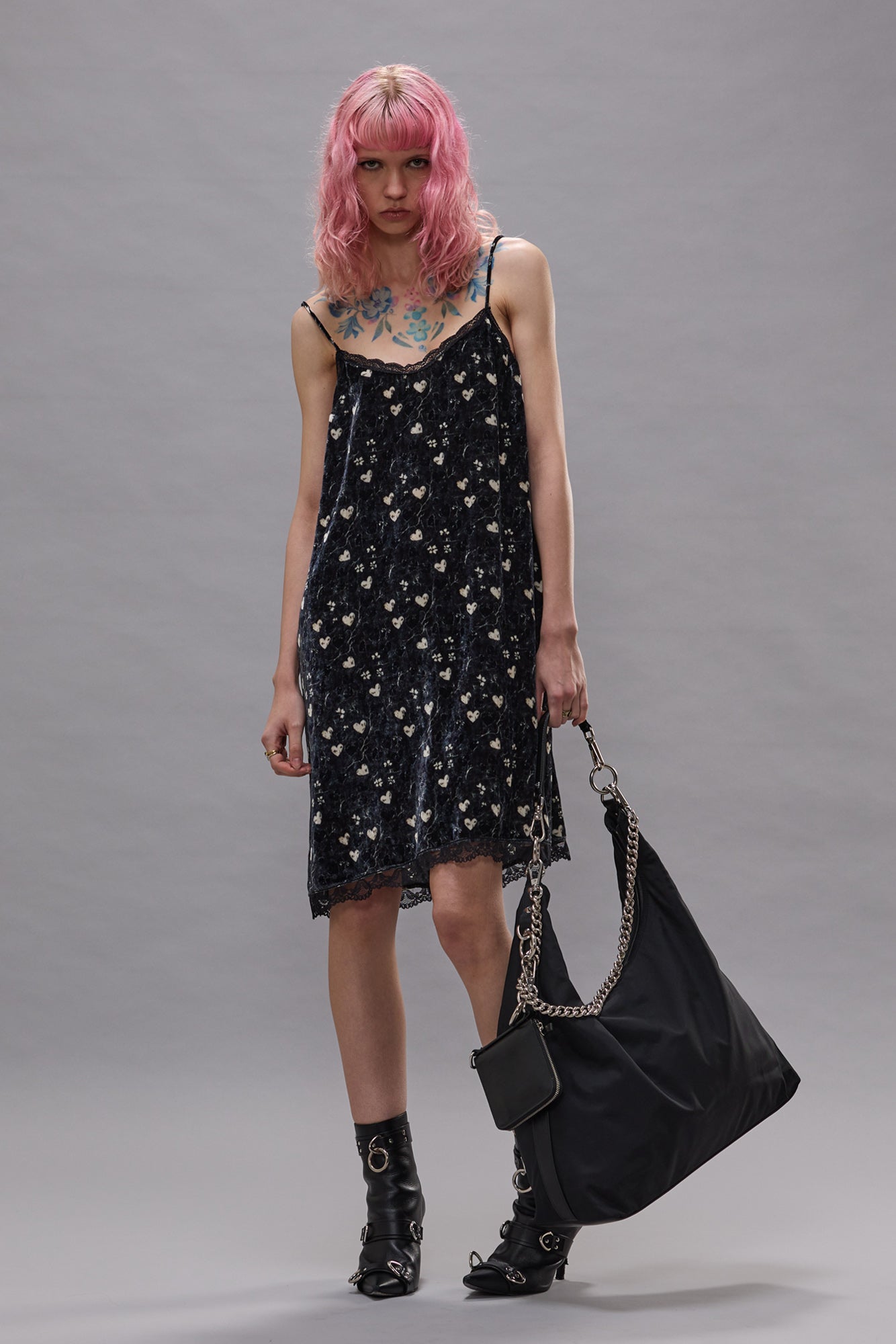LACE TRIMMED SLIP DRESS - HEARTS ON BLACK - R13