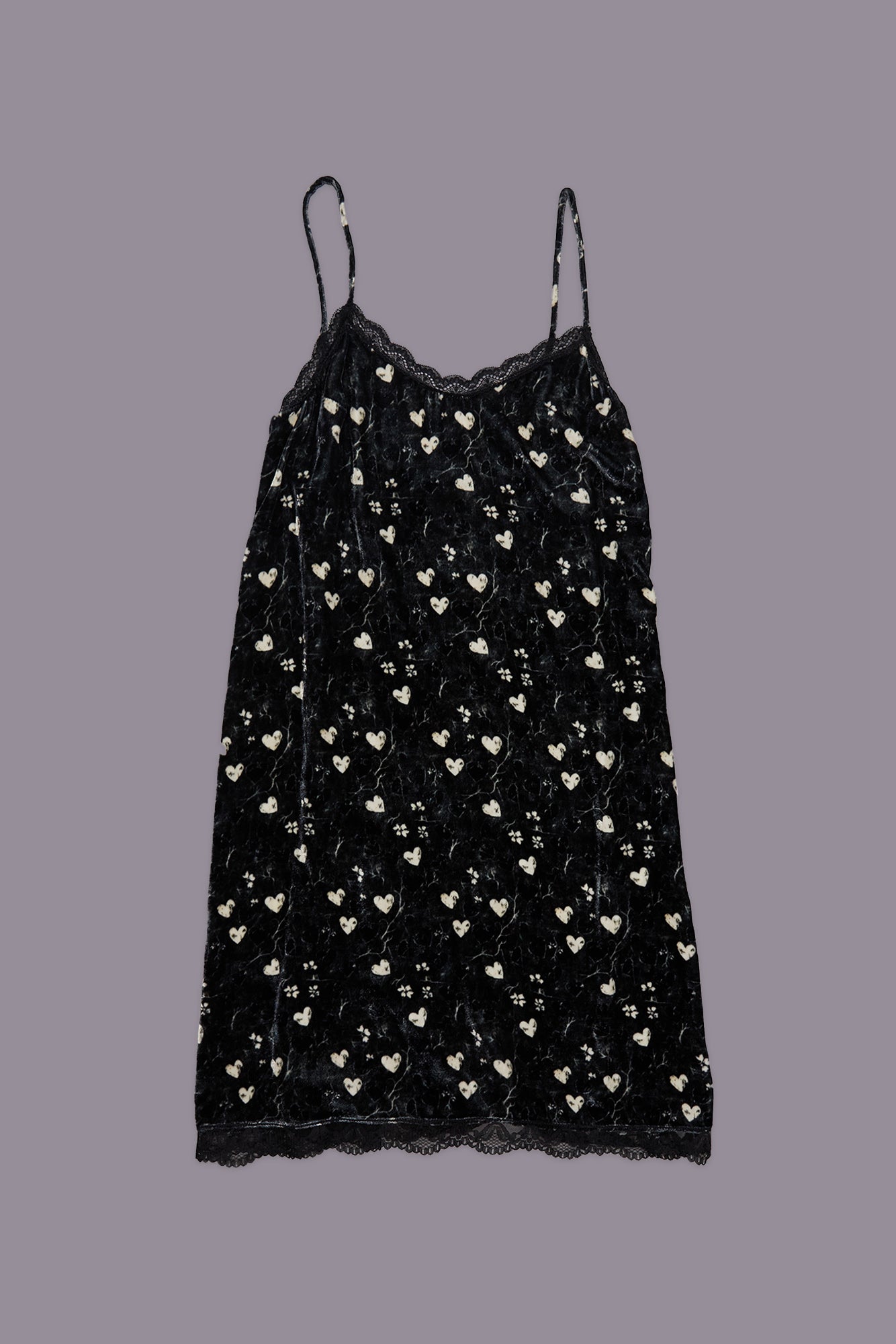 LACE TRIMMED SLIP DRESS - HEARTS ON BLACK - R13