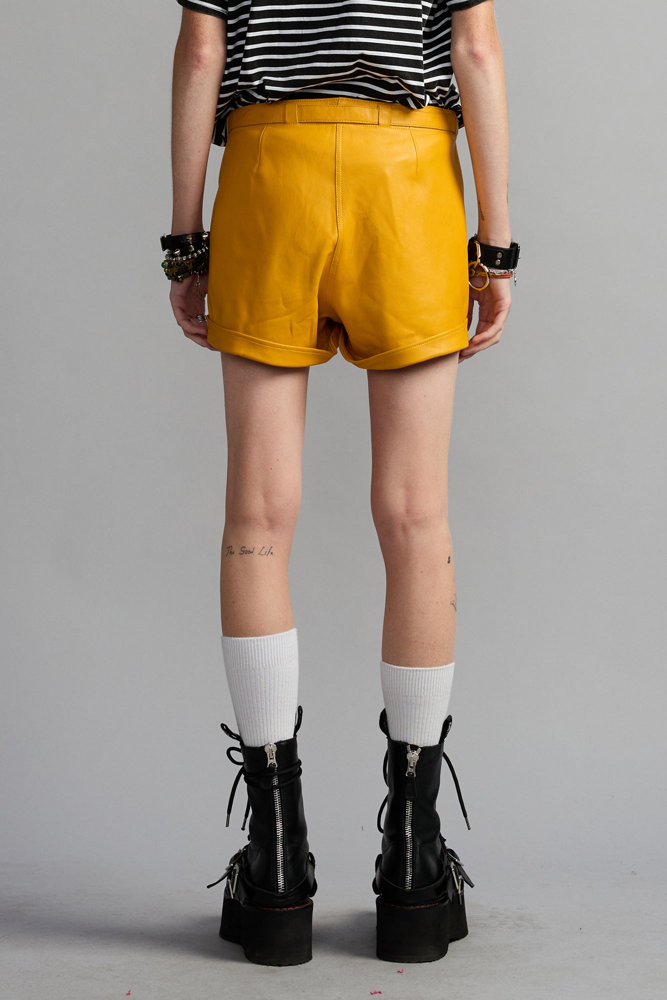 LEATHER BIKER SHORT - YELLOW MUSTARD - R13
