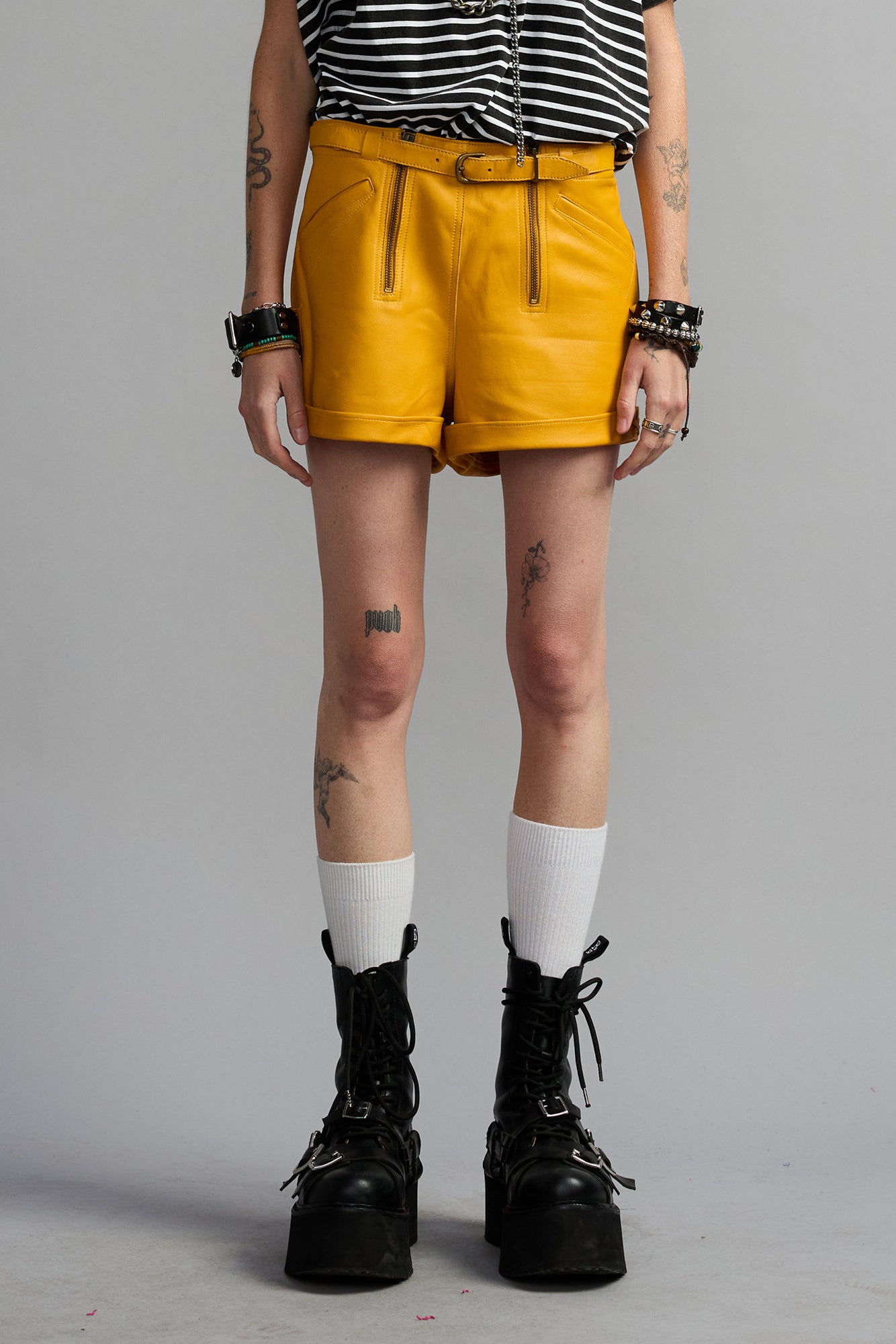 LEATHER BIKER SHORT - YELLOW MUSTARD - R13