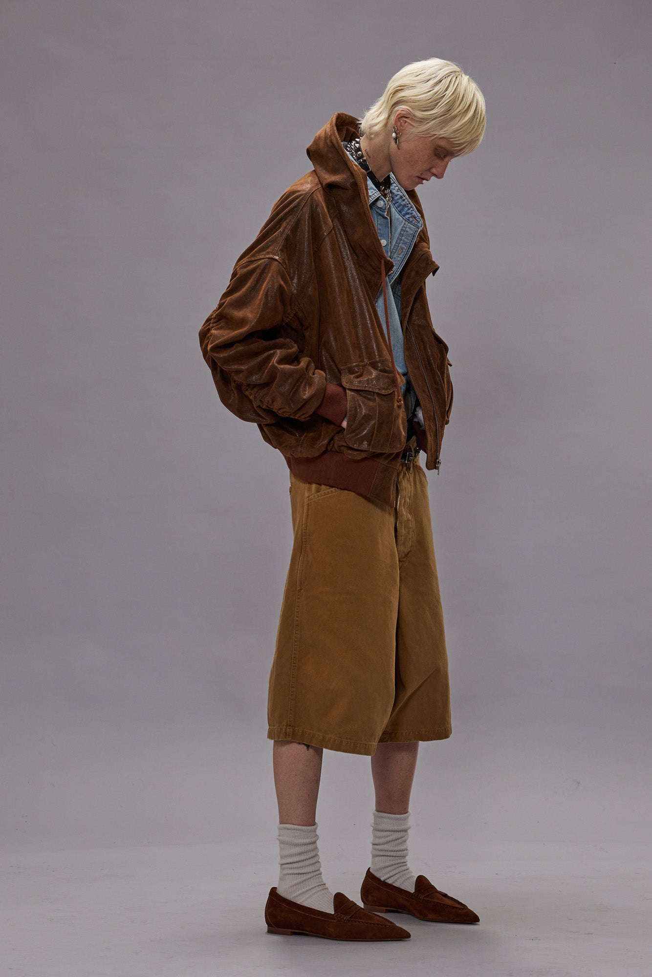 LEATHER SHIRRED OVERSIZED BOMBER - BROWN - R13