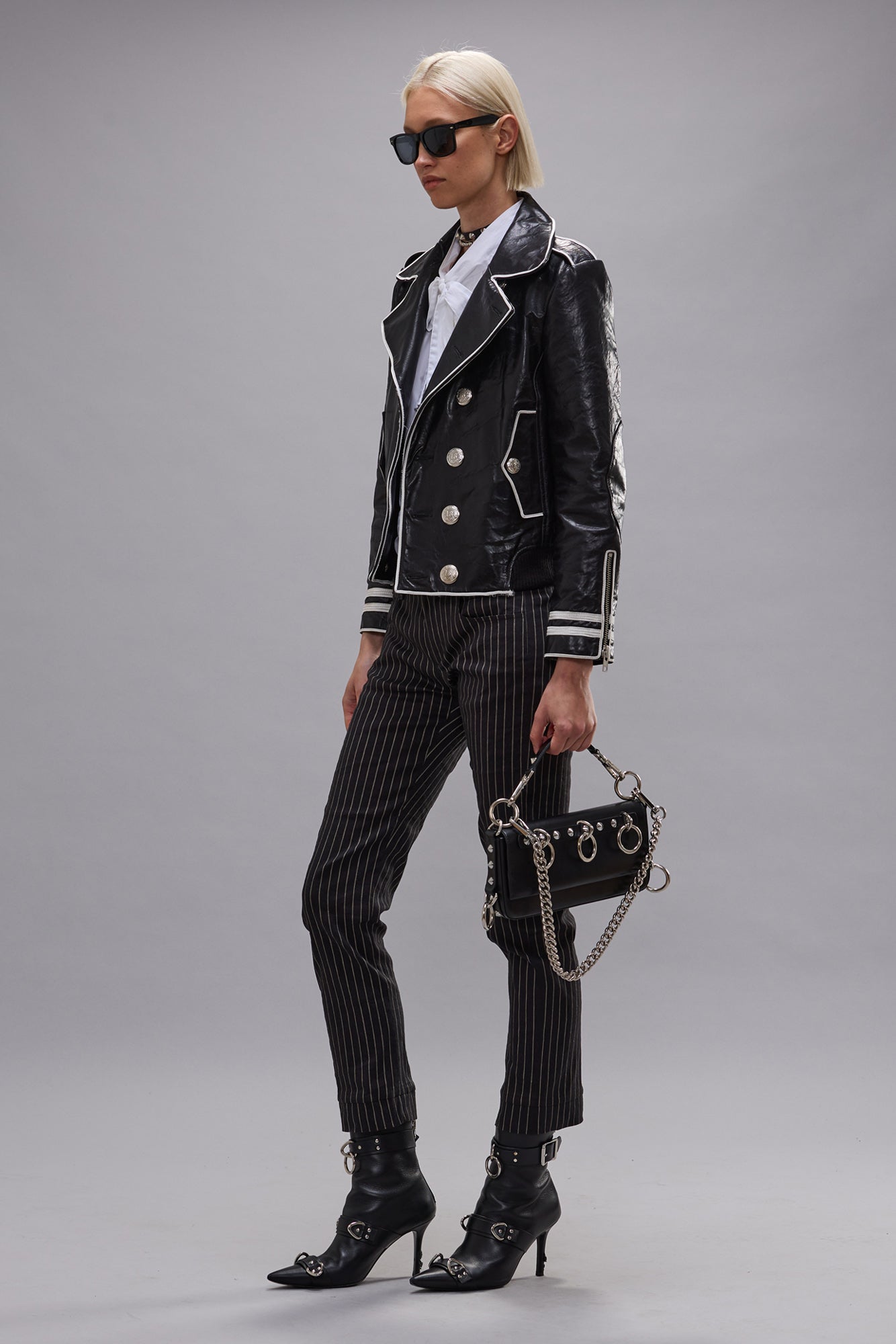 LEATHER SHRUNKEN PEACOAT - BLACK WITH ECRU SOUTACHE - R13