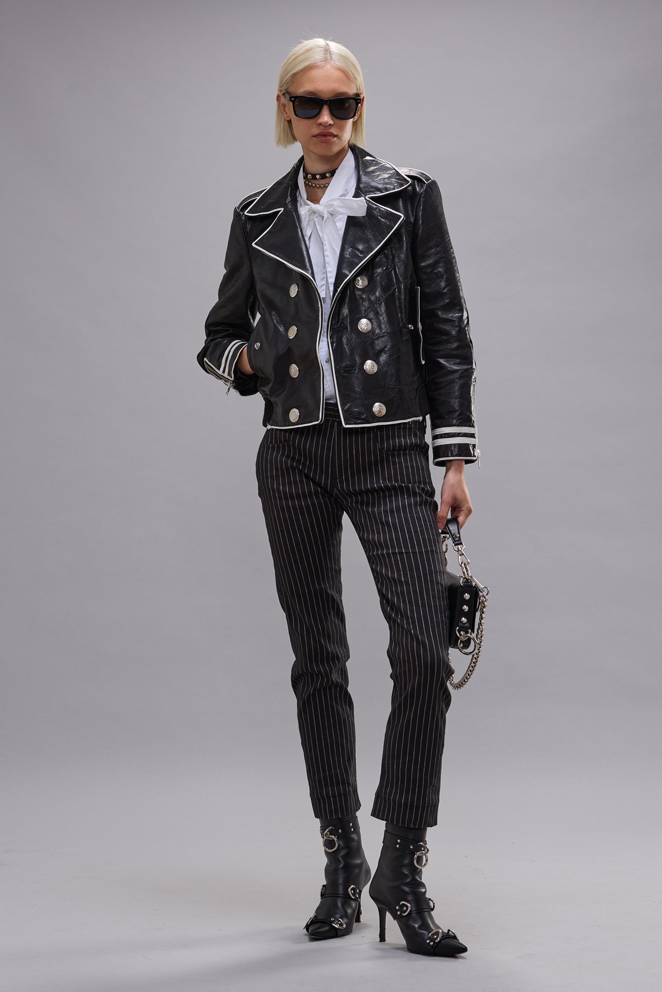 LEATHER SHRUNKEN PEACOAT - BLACK WITH ECRU SOUTACHE - R13