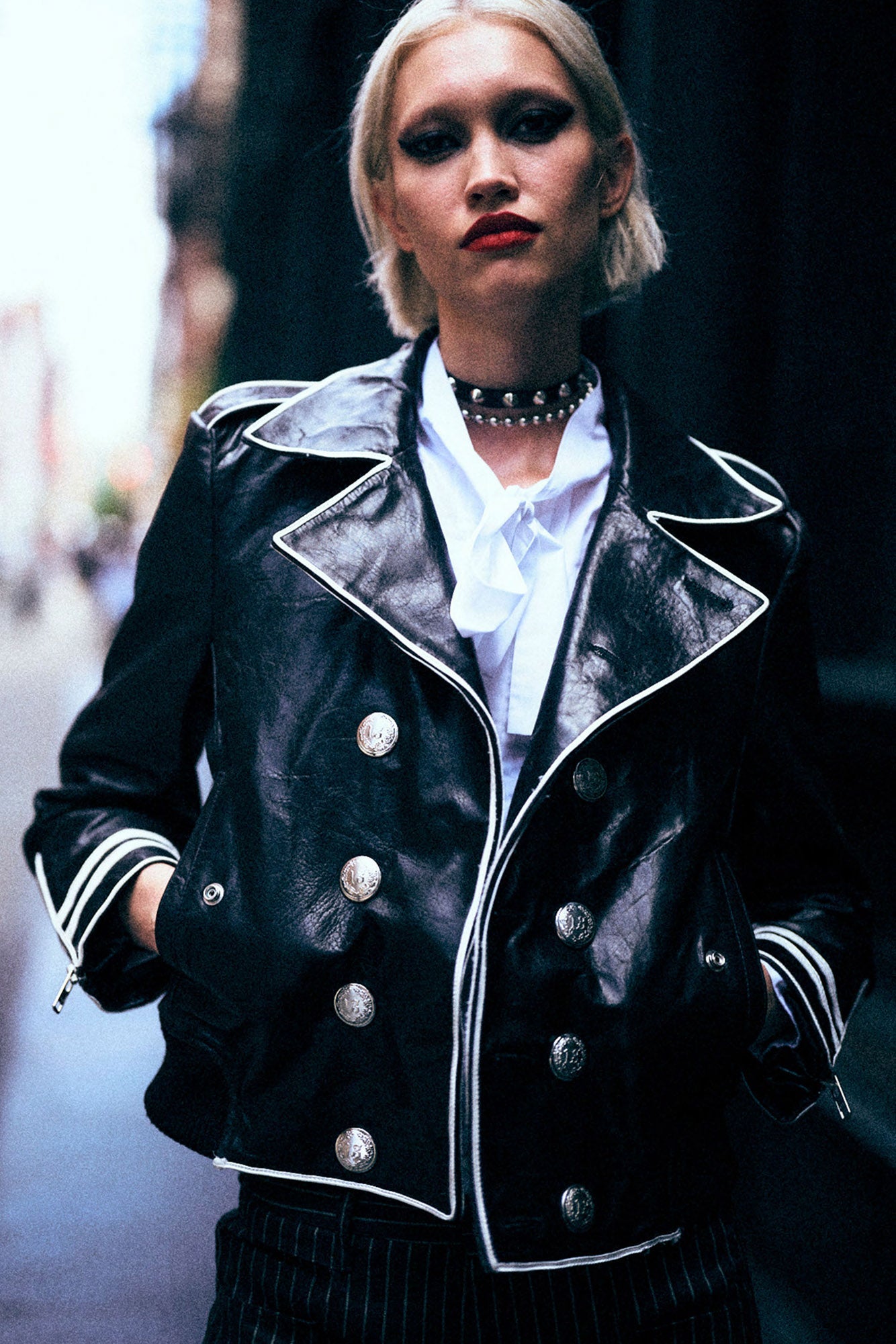 LEATHER SHRUNKEN PEACOAT - BLACK WITH ECRU SOUTACHE