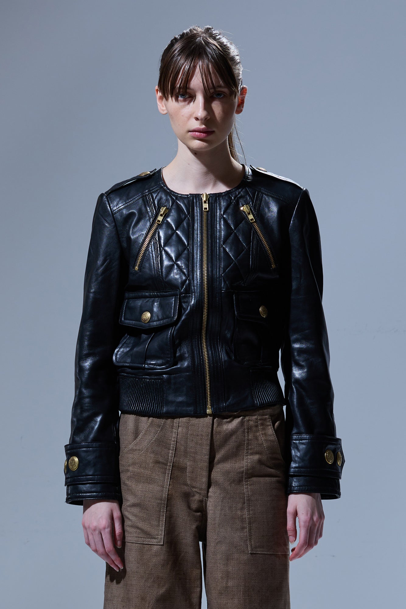 LEATHER SHRUNKEN QUILTED ZIPPERED JACKET - BLACK - R13