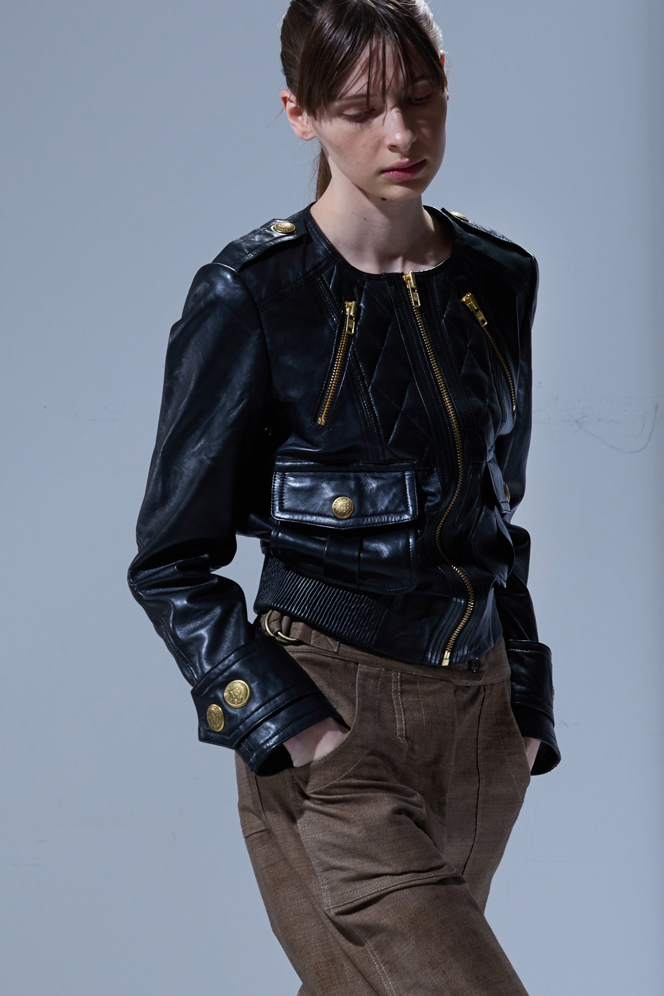 LEATHER SHRUNKEN QUILTED ZIPPERED JACKET - BLACK - R13