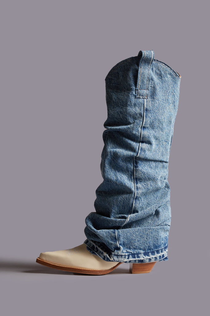 MID COWBOY BOOTS WITH DENIM SLEEVE - BLUE AND WHITE
