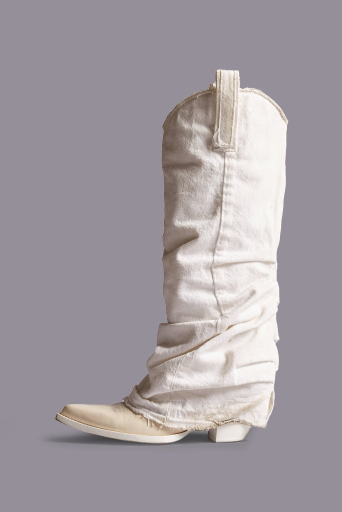 Mid Cowboy Boots With Denim Sleeve - White Denim